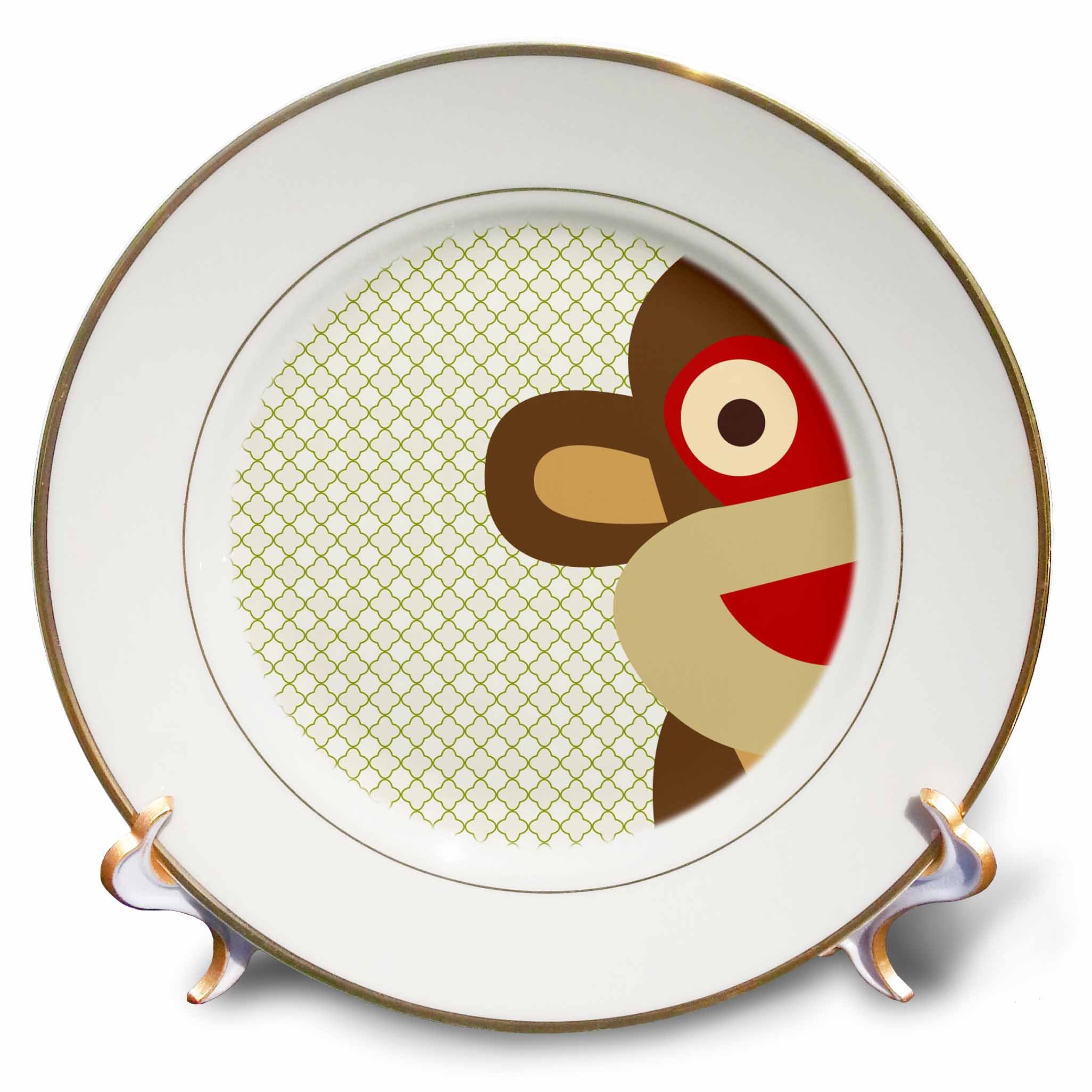 3D Rose Sock Monkey Peeking Around Corner Cute Animal Art Porcelain Plate - 8 Inch Decorative Dish for Kitchen, Dining Room, or Gift Giving