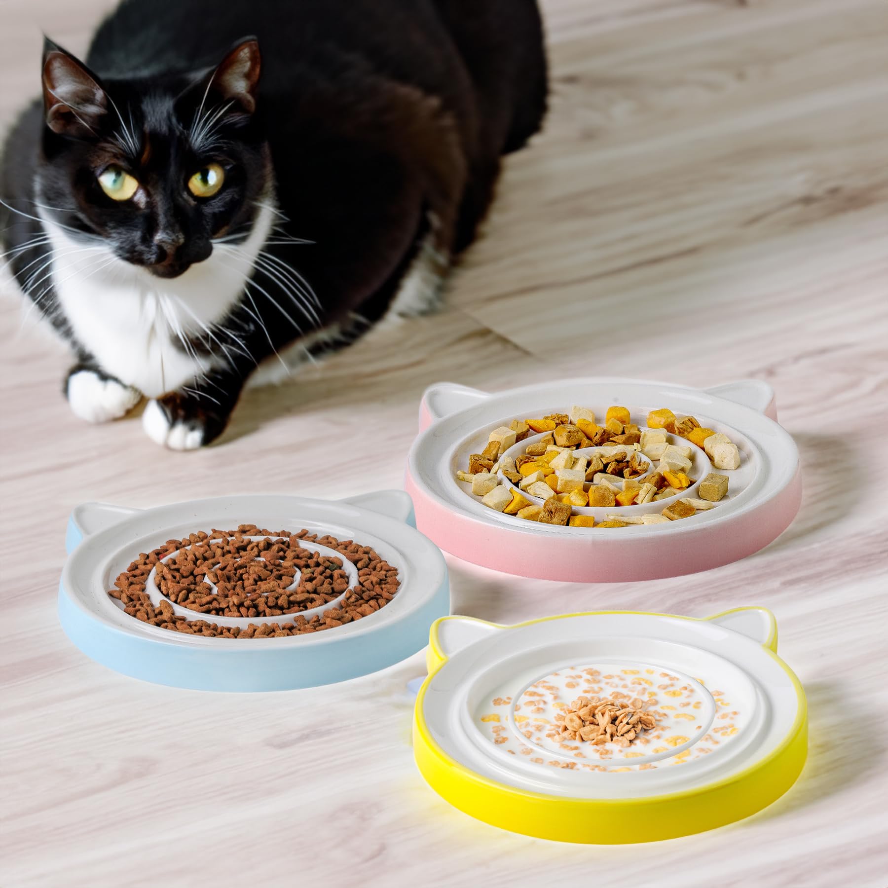 Cat Slow Feeder Bowl - 8.8'' Ceramic Puzzle Feeder with Cat Ears Design, Heavy & Shallow Whisker-Friendly Pet Dish for Stress-Free Eating - Perfect for Fast Eaters & Portion Control (Yellow)