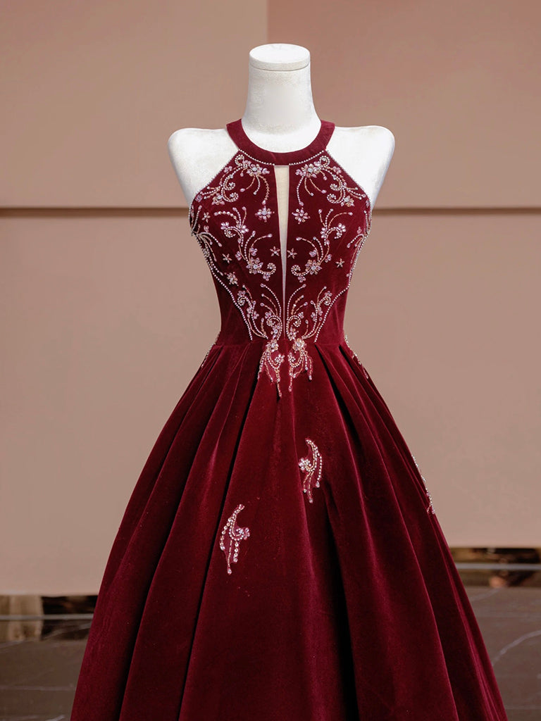 Elegant A-Line Velvet Beads Sequin Burgundy Long Prom Dress - Formal Evening Gown for Homecoming, Wedding, Ballroom Dance & Special Occasions