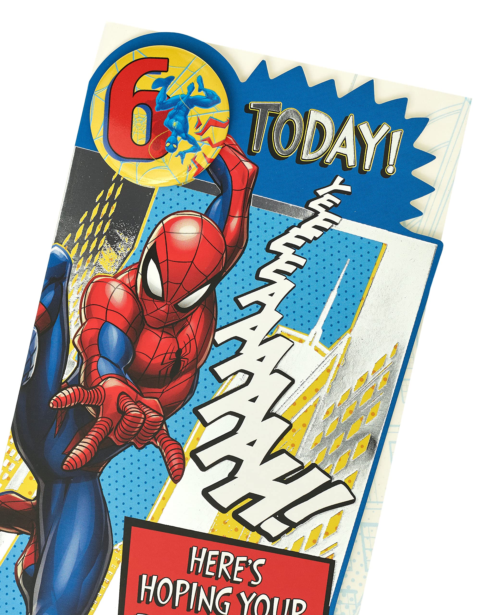 Marvel Spider-Man 6th Birthday Card for Boys - UK Greetings Badge Design with Envelope - 4.76 x 9 Inches - Superhero Party Invitation & Gift Card for Kids