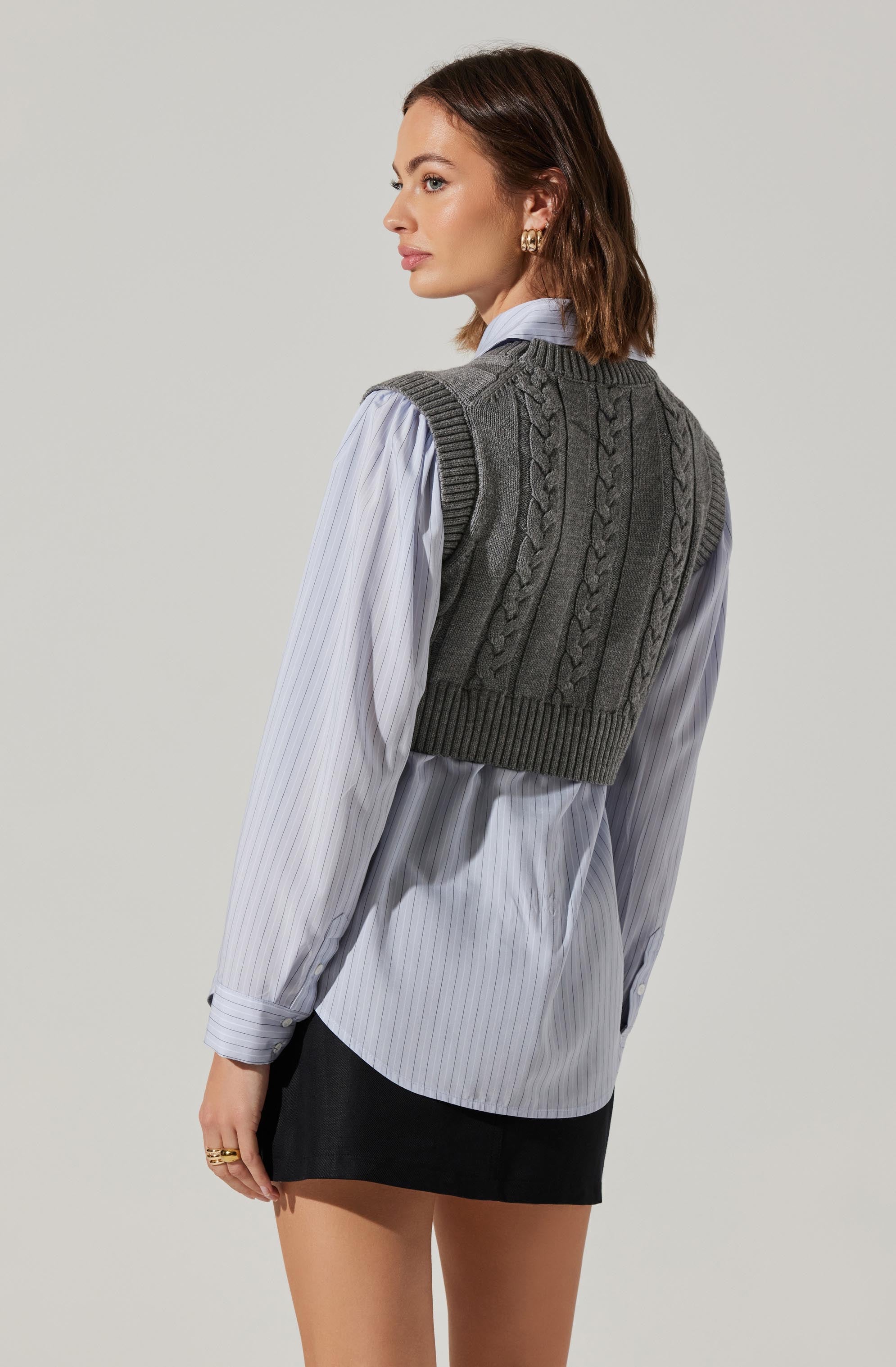 Flannery Layered Cable Knit Combo Shirt for Women - Stylish Winter Layering Top for Casual Outfits & Office Wear
