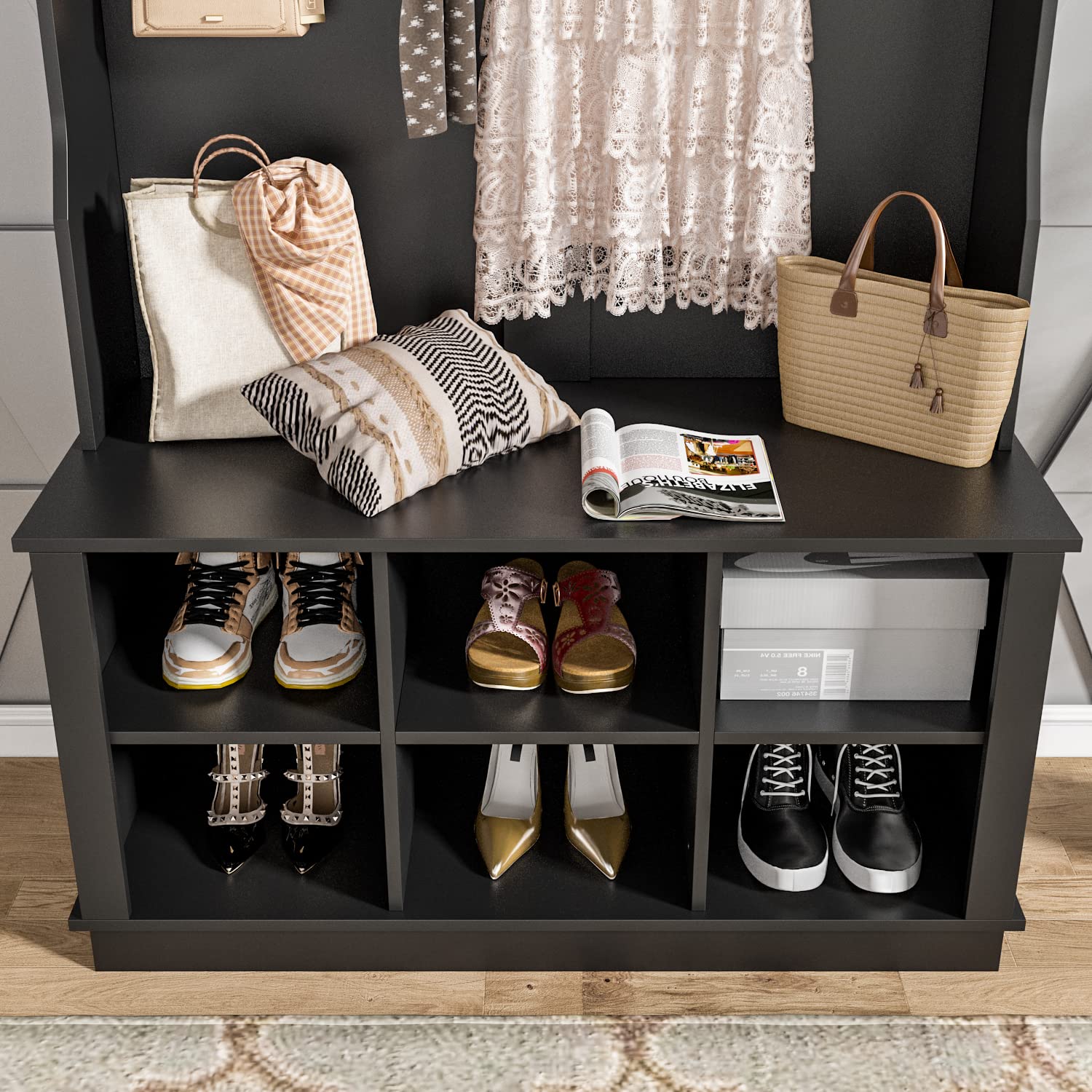 AIEGLE 3-in-1 Entryway Hall Tree with Bench, Shoe Storage & Coat Rack - 6 Cube Organizer & 4 Hooks - Space Saving Black Entryway Furniture (39.8