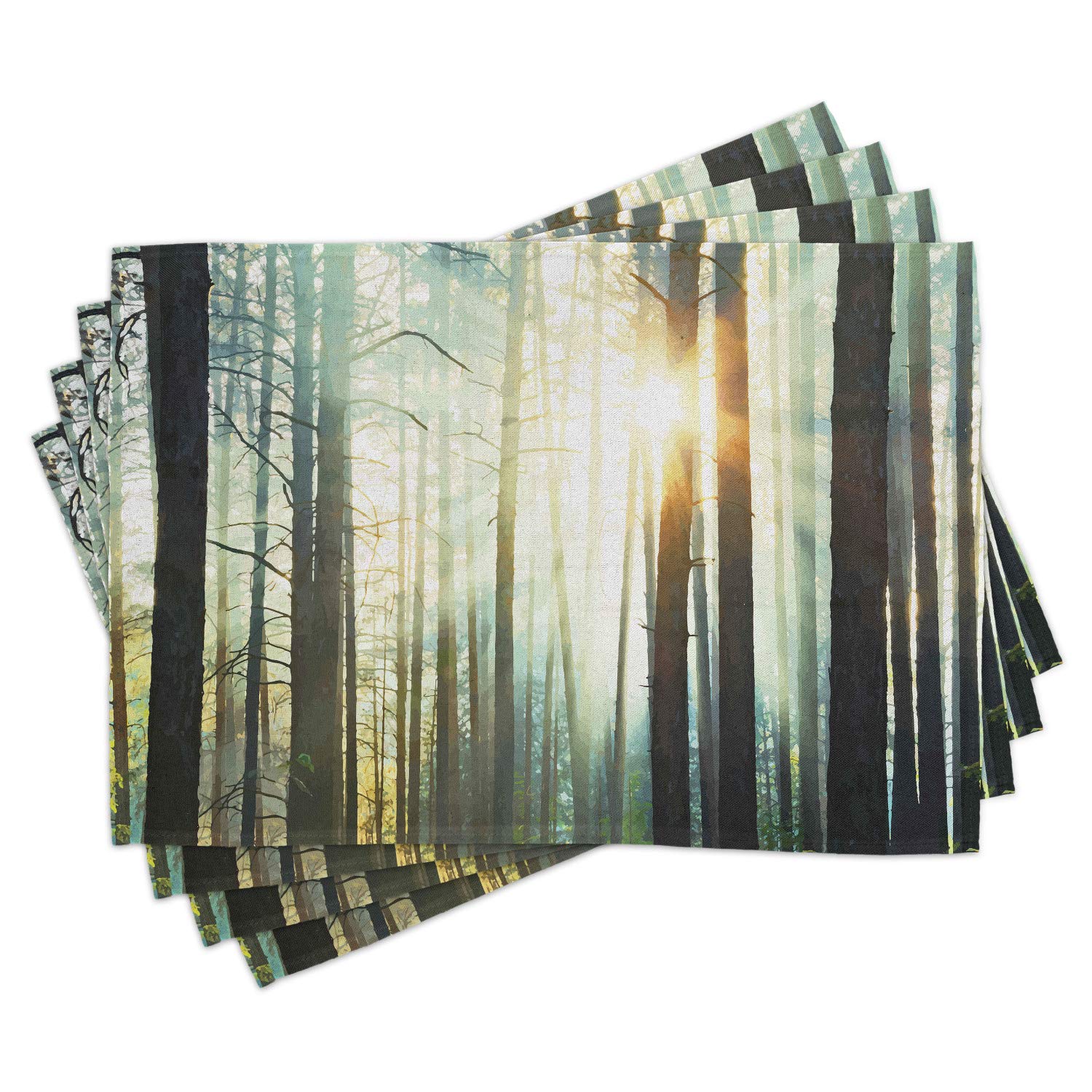 Ambesonne 4-Piece Nature Placemats Set - Enchanted Forest Mist with Sunbeams Digital Art, Washable Fabric Table Mats for Dining Room & Kitchen Decor in Seafoam Dark Brown | Perfect for Dinner Parties, Holiday Gatherings & Everyday Meals