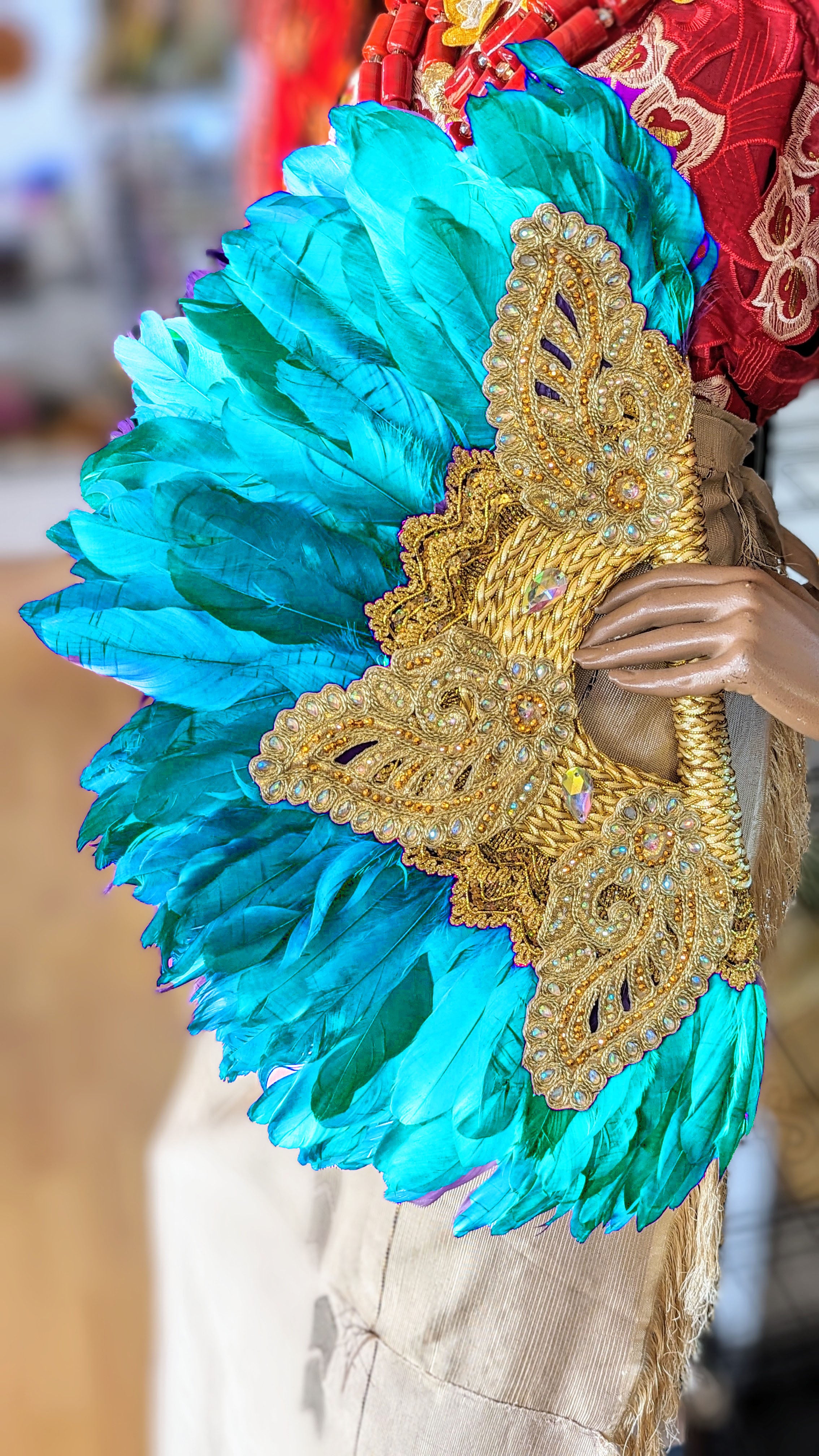 Elegant Turquoise Blue Nigerian African Wedding Feather Fan - Handmade Traditional Bridal Accessory for Weddings, Cultural Events & Photo Shoots | DPAWFTB55