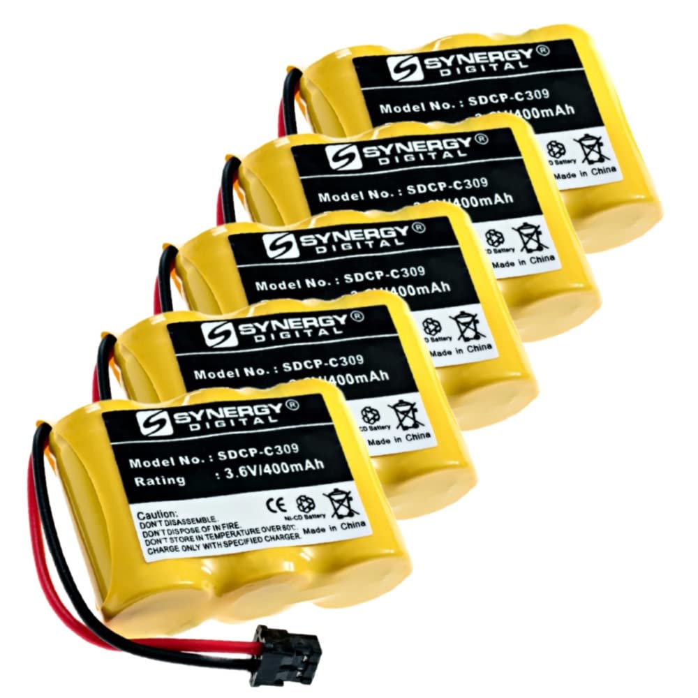 Synergy Digital Cordless Phone Batteries - 5 Pack SDCP-C309 3.6V 400mAh Ultra Hi-Capacity Replacement Batteries for Panasonic KX-TC2100ALS Phone | Perfect for Home & Office Cordless Phones
