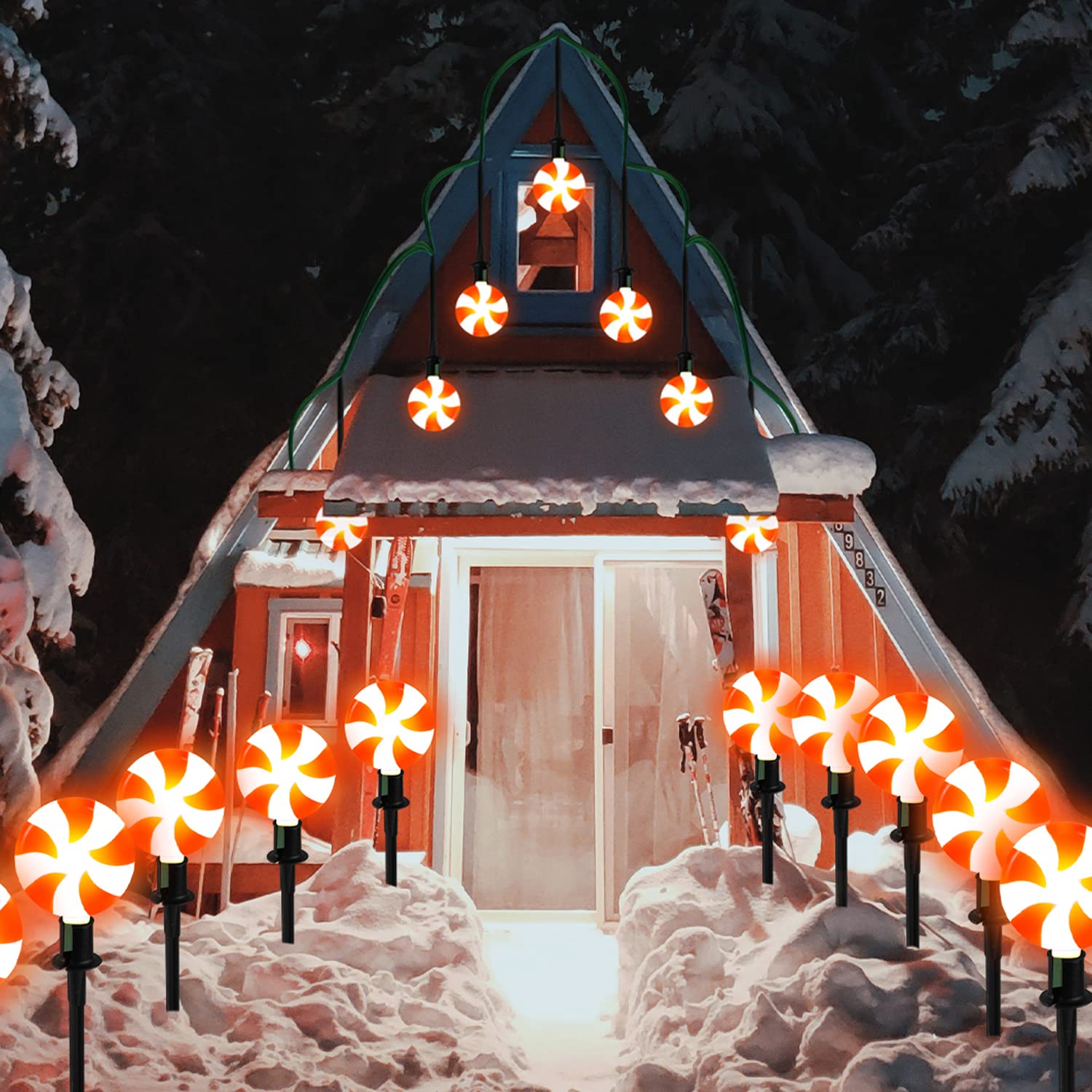 Joiedomi 14-Piece Christmas Lollipop Pathway Lights Outdoor - 14.3 FT Plug-in Peppermint Walkway String Lights with Stakes & Clips for Holiday Yard Decorations | Waterproof, Hangable & Pluggable | Perfect for Driveways, Gardens & Christmas Displays