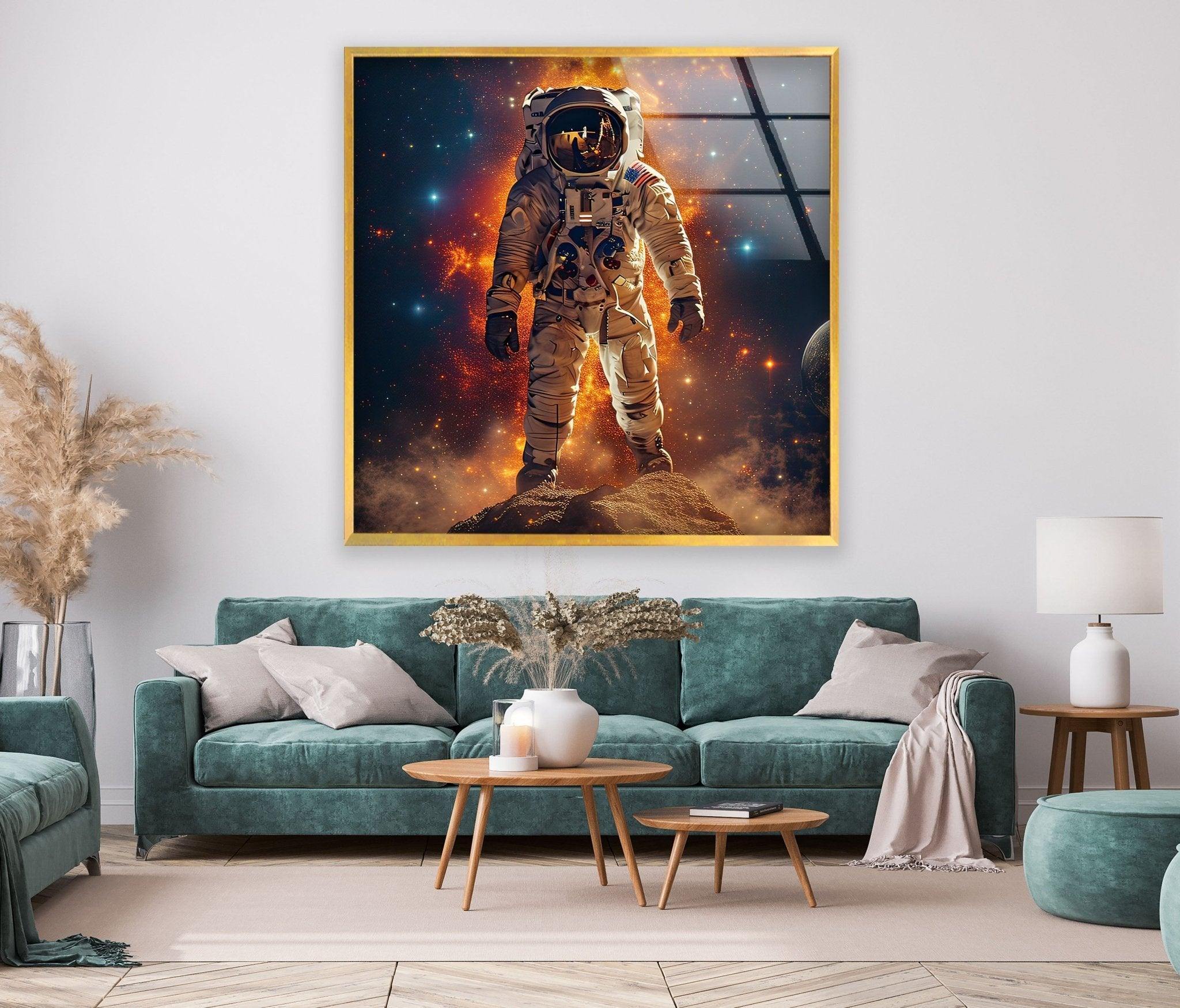 Astronaut on the Moon Glass Wall Art - Space-Themed Home Decor for Living Room, Bedroom & Office - Unique Gift for Astronomy Lovers