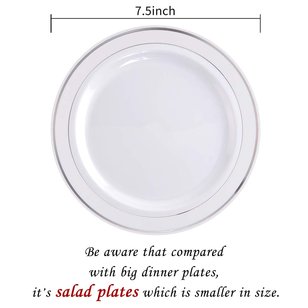 100-Pack Silver Rim Plastic Plates 7.5 Inch - Elegant Disposable Salad & Dessert Plates for Wedding, Party, Christmas - Perfect for Buffets, Catering & Holiday Gatherings