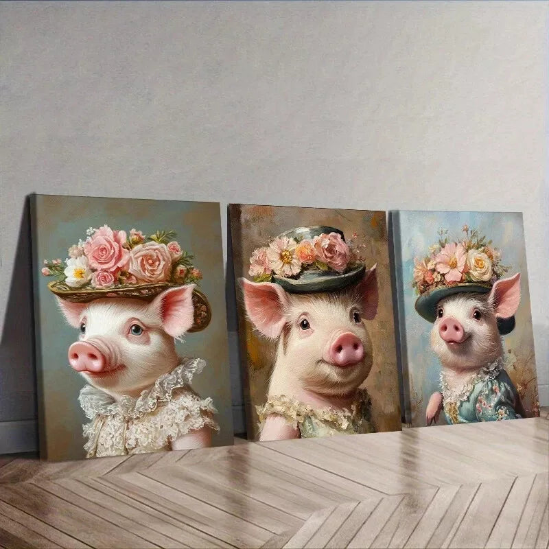 3pc Pig in Stylish Hat Wall Art Set - Framed Canvas 40x60cm - High Quality Print - 100% Australian Made - Ready to Hang - Perfect for Living Room, Bedroom & Office Decor