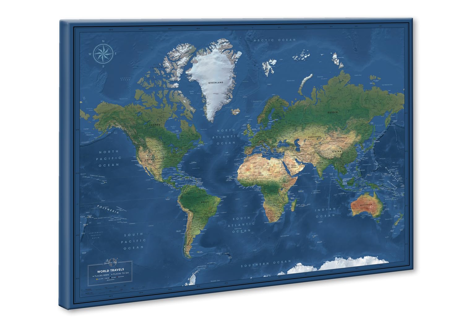 Modern Satellite World Wall Map with Push Pins - Customizable Travel Map on Premium Canvas - Personalized Push Pin World Map (24x32 to 40x53 inches) - Perfect for Home Office Decor & Travel Tracking