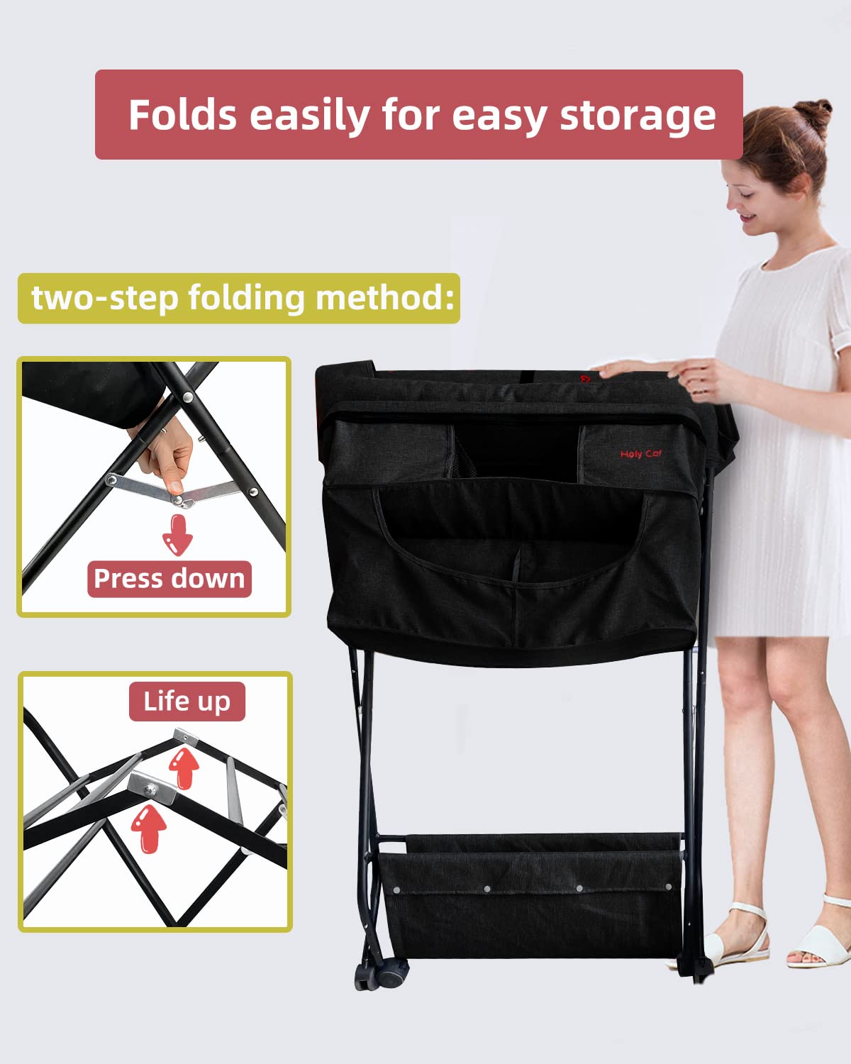 Portable Baby Changing Table with Wheels - Adjustable Height Folding Diaper Station, Mobile Nursery Stand with Storage Rack for Newborns - Lightweight & Sturdy (Black) | Perfect for Nursery, Bedroom, and Travel Use