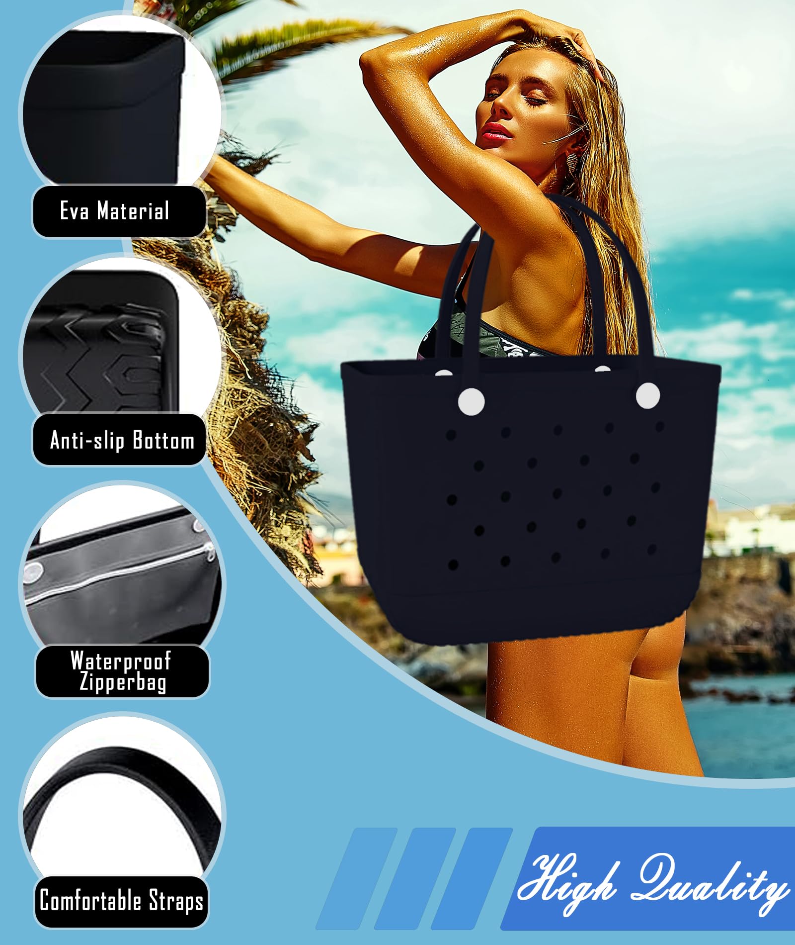 Extra Large Waterproof Beach Tote Bag with Zipper Pocket - Durable Rubber Travel Tote for Women, Gym, Sports & Outdoor Activities | Perfect for Pool, Beach Trips, Shopping & Vacation Essentials