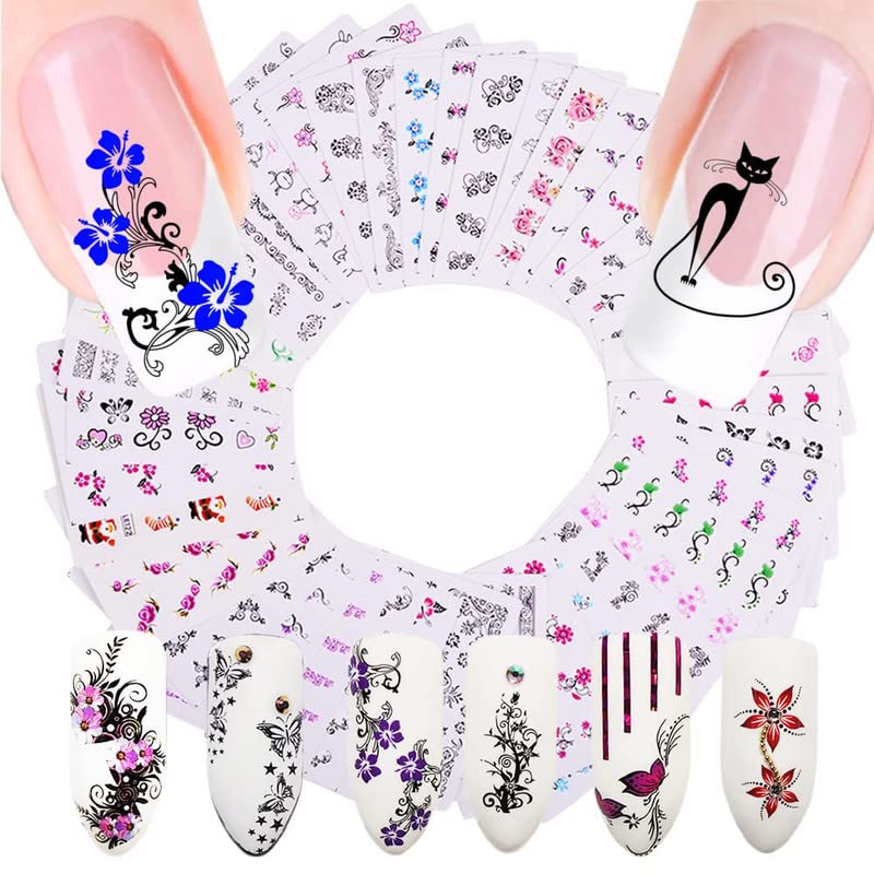 FAMEZA Macute Nail Decals for Women - 24 Sheets Water Transfer Nail Stickers with Assorted Patterns - Nail Art Accessories for Manicure, Party & Special Occasions