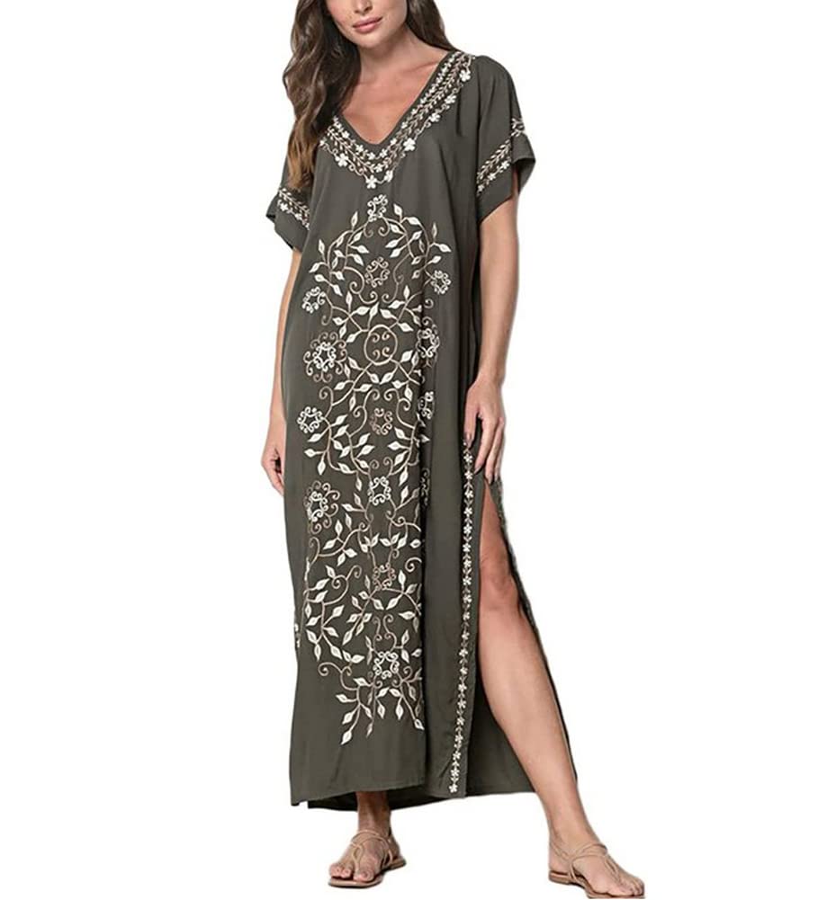 Senan Women's Embroidered Short Sleeve Bikini Cover Up Beach Dress - Floral Side Split Kaftan for Pool, Vacation & Summer Outfits
