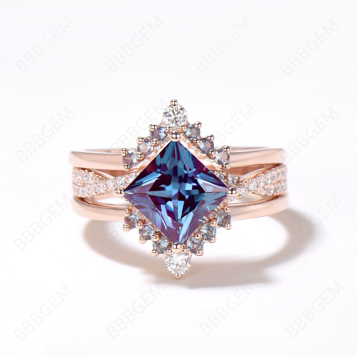 3-Piece Alexandrite Engagement Ring Set | Infinity Twist Moissanite & Diamond Wedding Ring in 14K Rose Gold | Princess Cut Alexandrite Bridal Jewelry Set for Proposals, Anniversaries & Special Occasions