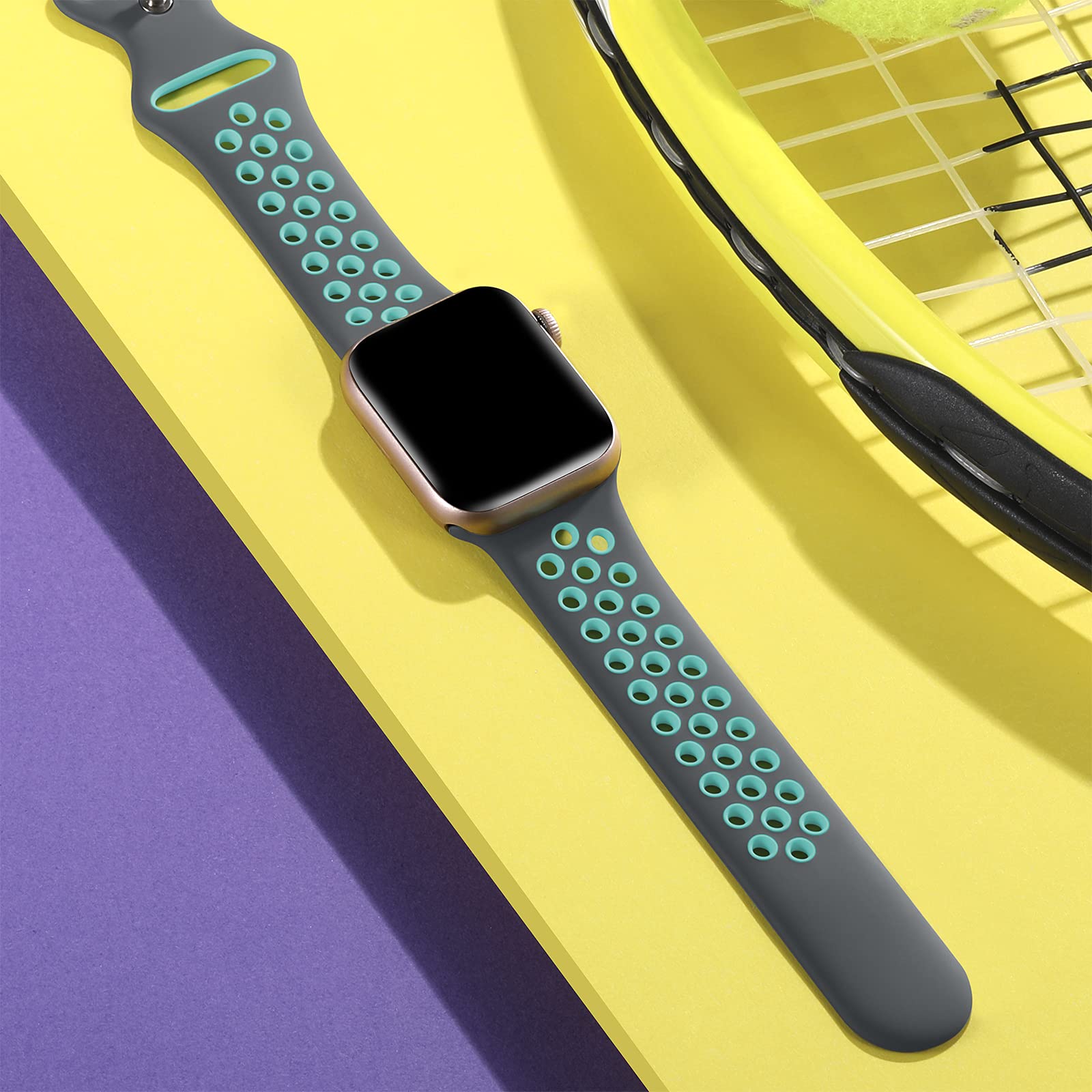 Lerobo Soft Silicone Sport Band Compatible with Apple Watch 40mm 38mm 42mm 41mm - for Series 10/9/8/7/6/5/4/3/2/1/SE - Breathable Air Hole Design for Women & Men (Gray/Teal, S/M) - Perfect for Running, Gym Workouts & Daily Wear