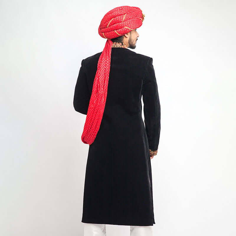 Jet Black Cocktail Velvet Sherwani for Men - Slim Fit Indian Wedding Suit with Embroidery | Perfect for Groom Wear, Festive Occasions & Cultural Events