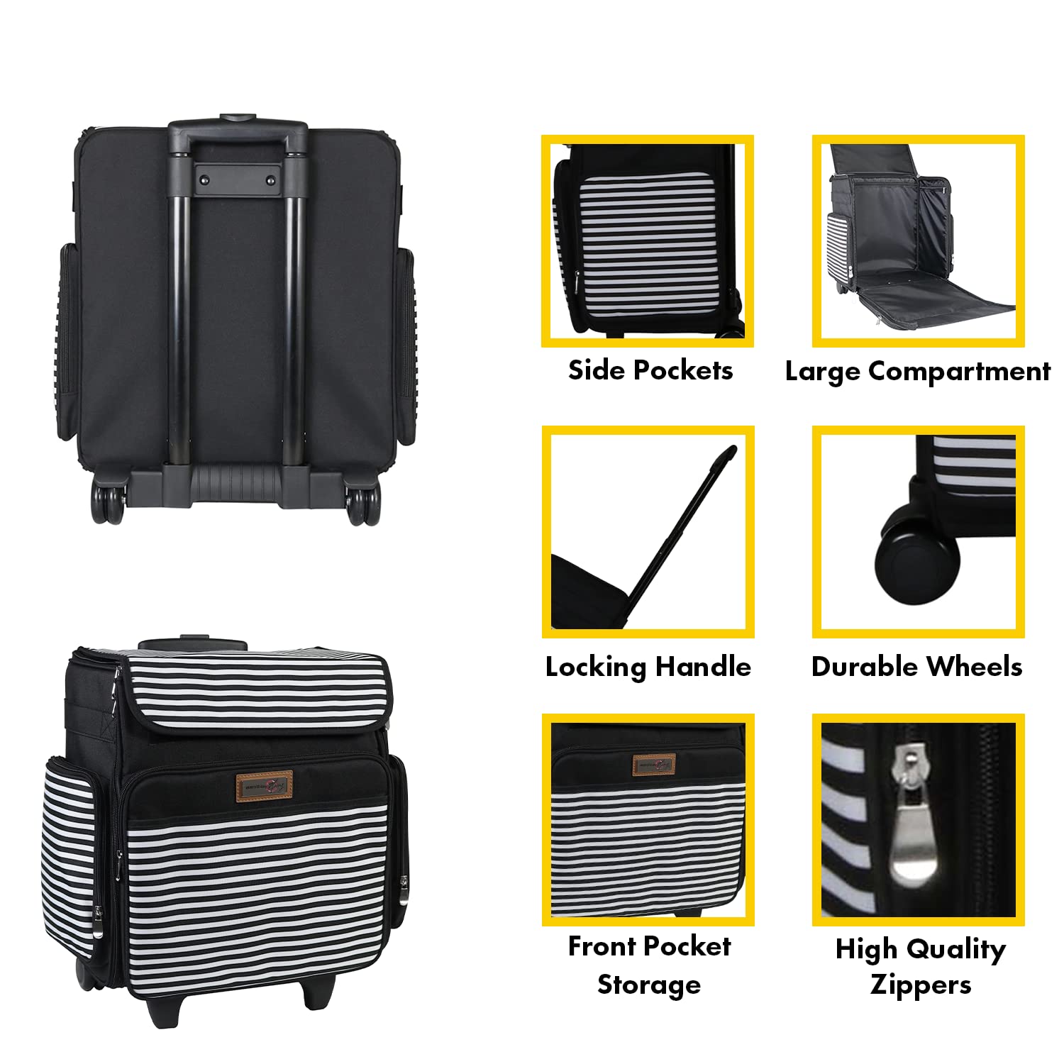 Everything Mary Rolling Craft Bag - Black & White Striped Scrapbooking & Art Storage Tote with Wheels - Organizer Case for IRIS Boxes, Craft Supplies & Accessories - Perfect for Teachers, Medical Professionals & Craft Enthusiasts - Portable Art Station for Classrooms, Hospitals & Creative Workspaces