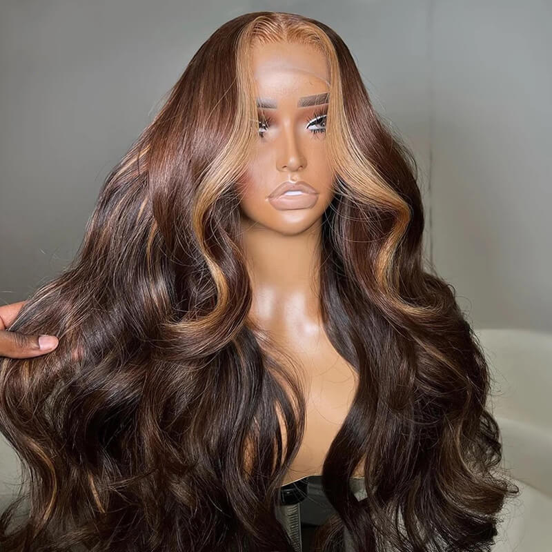 Eullair Dark Brown Body Wave Wig with Honey Blonde Highlights & Skunk Stripe Lace Frontal - Human Hair Wig for Women, Perfect for Daily Wear, Cosplay & Special Occasions