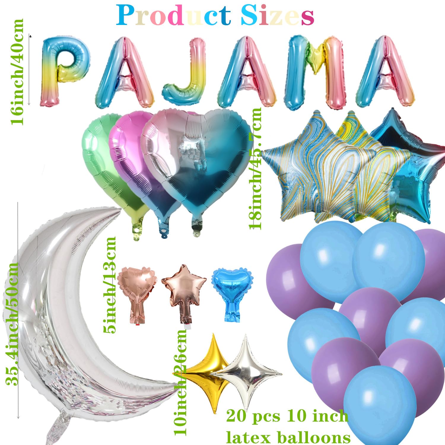 44-Piece Silver Moon Star Rainbow Gradient Heart Aluminum Foil Balloons & Purple Blue Latex Balloons Set for Pajama Party, Slumber Party, Sleepover, Birthday Decorations - Perfect for Girls & Women's Themed Parties, Baby Showers, Bridal Showers and Special Celebrations