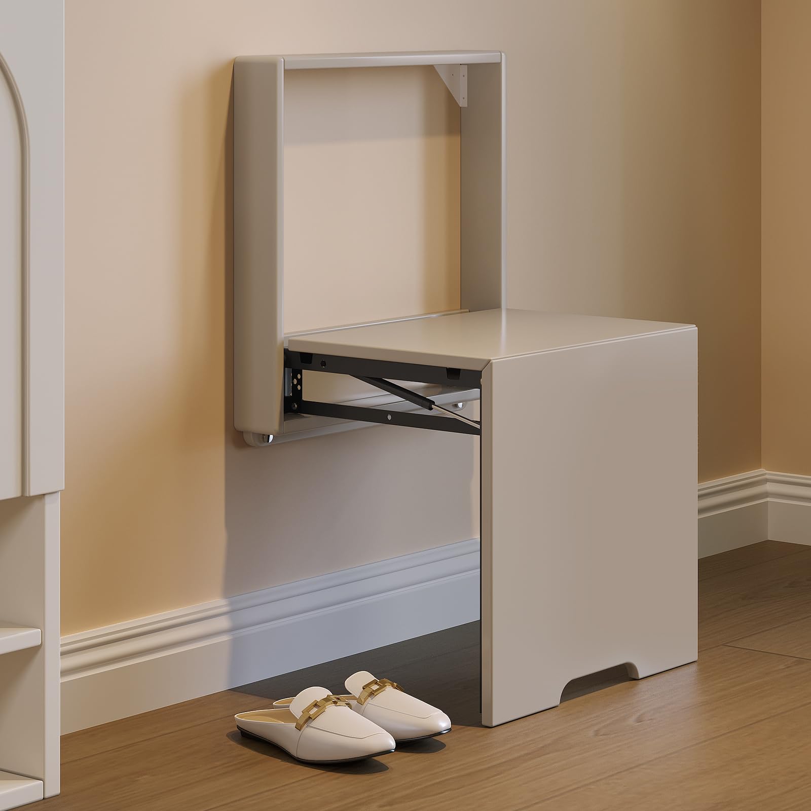 Space Saving Wall Mounted Shoe Changing Stool - Foldable Entryway Stool Chair in Tea Grey | Perfect for Small Hallways, Mudrooms & Closet Organization