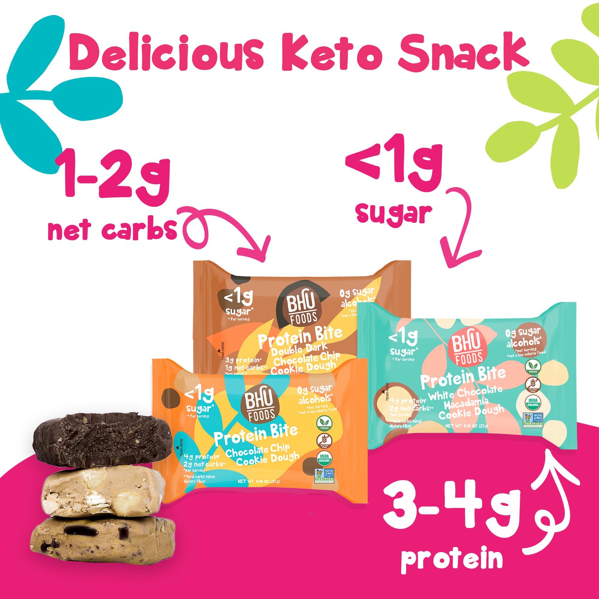 Bhu Foods Keto Bites Variety Pack - Chocolate Chip, Dark Chocolate & Macadamia Cookie Dough | Organic Low-Carb Snacks for Adults | Individually Wrapped 3-Pack | Perfect for Office Snacking, Keto Diet & On-the-Go Energy