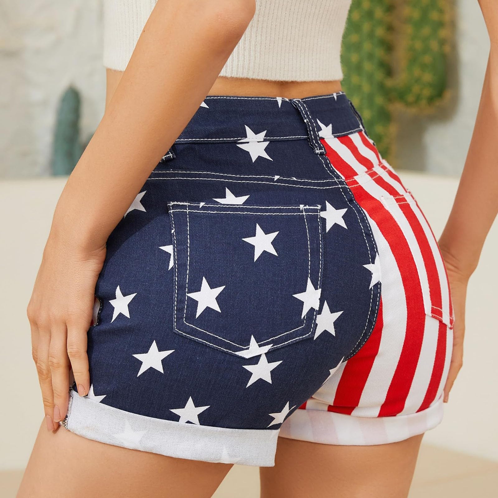 Women's Stretchy High Waisted Denim Shorts - American Flag Print Summer Mini Jean Shorts for Casual Wear, 4th of July Outfits & Beach Vacations