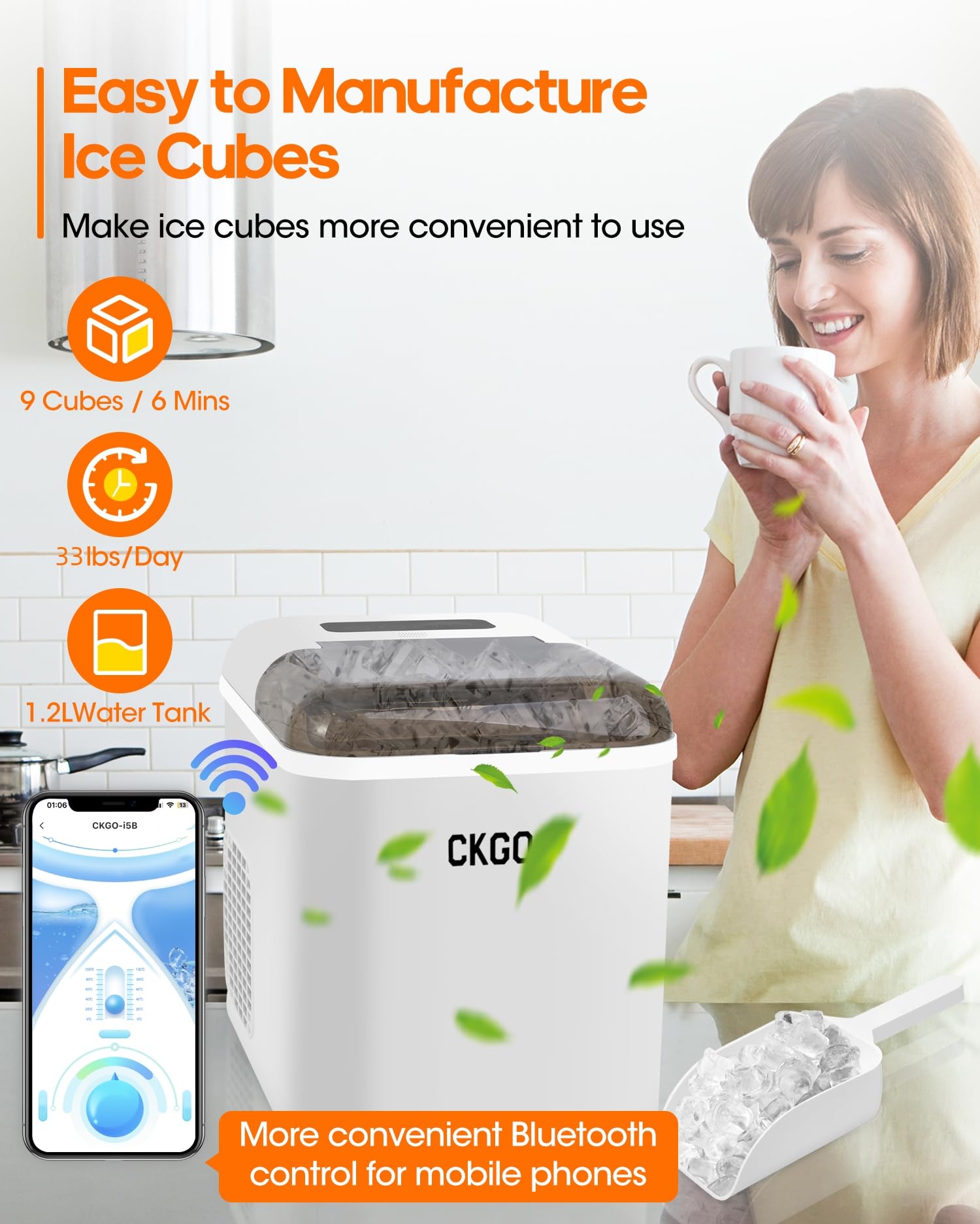 Smart Ice Maker Countertop - 33 lbs/Day, 9 Cubes in 6 Mins, Self-Cleaning Compact Wi-Fi Ice Machine with App Control, 2 Sizes Bullet Ice Makers for Home, Kitchen, Camping, RV & Office Use