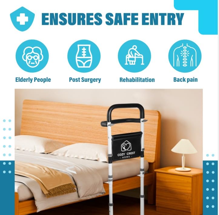 Adjustable Bed Rails for Elderly Adults - Safety Bed Assist Rail with Alarm, Non-Slip Handle & Storage Bag - Supports 300 lbs - Ideal for Home Care, Hospital & Senior Fall Prevention