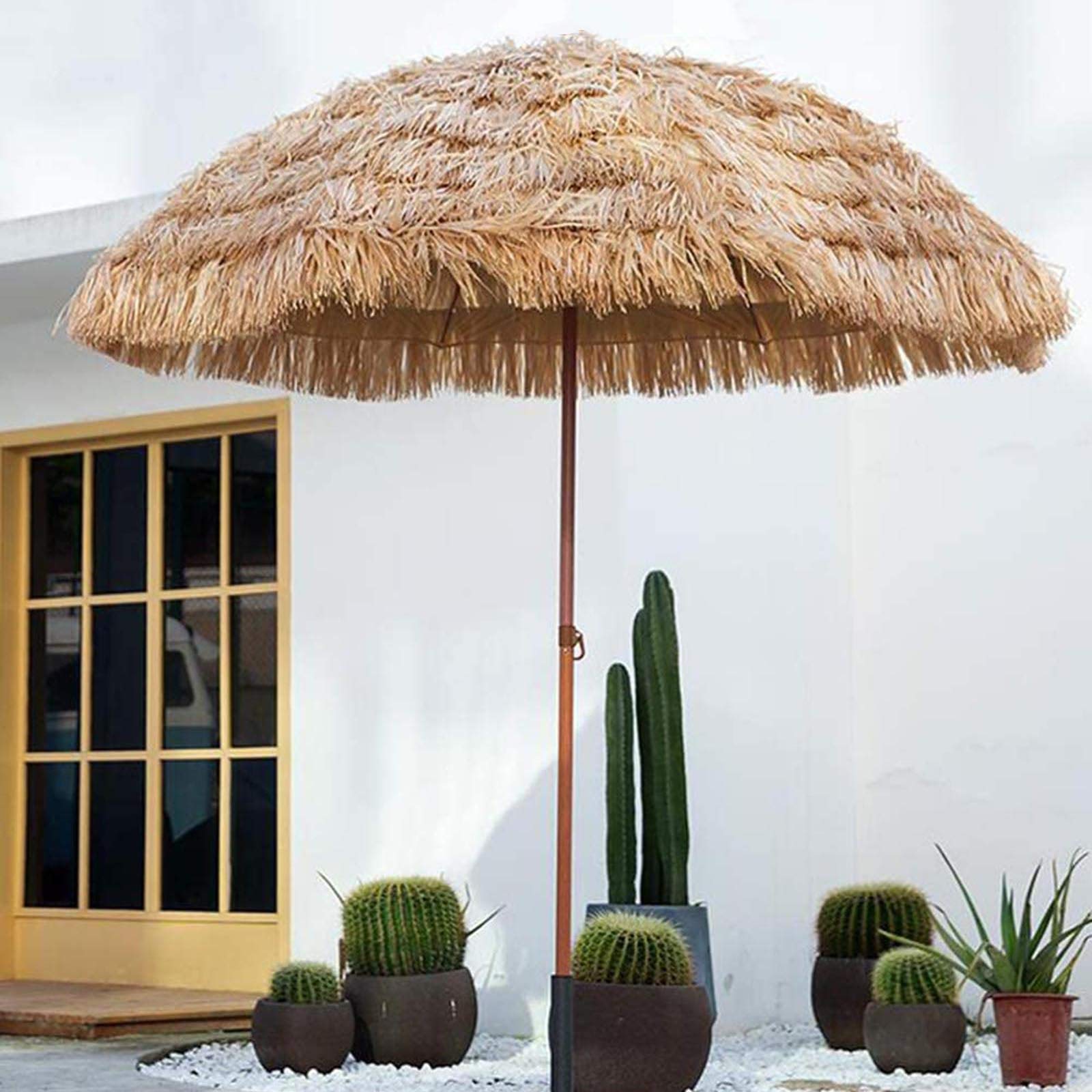 LDJ Hawaiian Hula Beach Umbrella with Easy Crank Lift - UV Resistant Thatch Tiki Patio Umbrella for Garden, Poolside, Beach & Outdoor Party Decor | Perfect for Luau, Backyard BBQ & Tropical Vacation Vibes