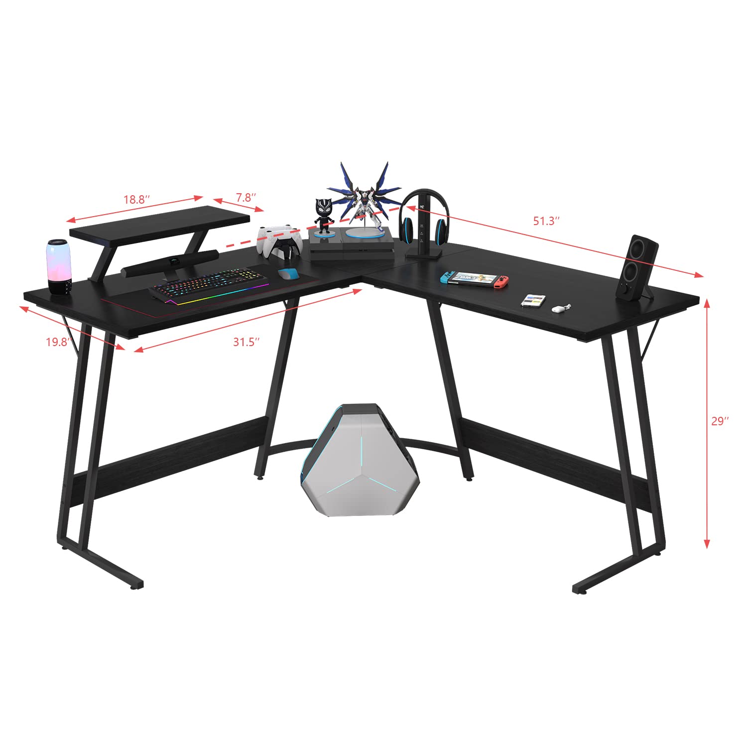 Homall 51 Inch L-Shaped Gaming Desk - Corner Computer Desk with Large Monitor Riser Stand | Sturdy Writing Workstation for Home Office (Classic Black) | Perfect for PC Gaming, Streaming & Remote Work