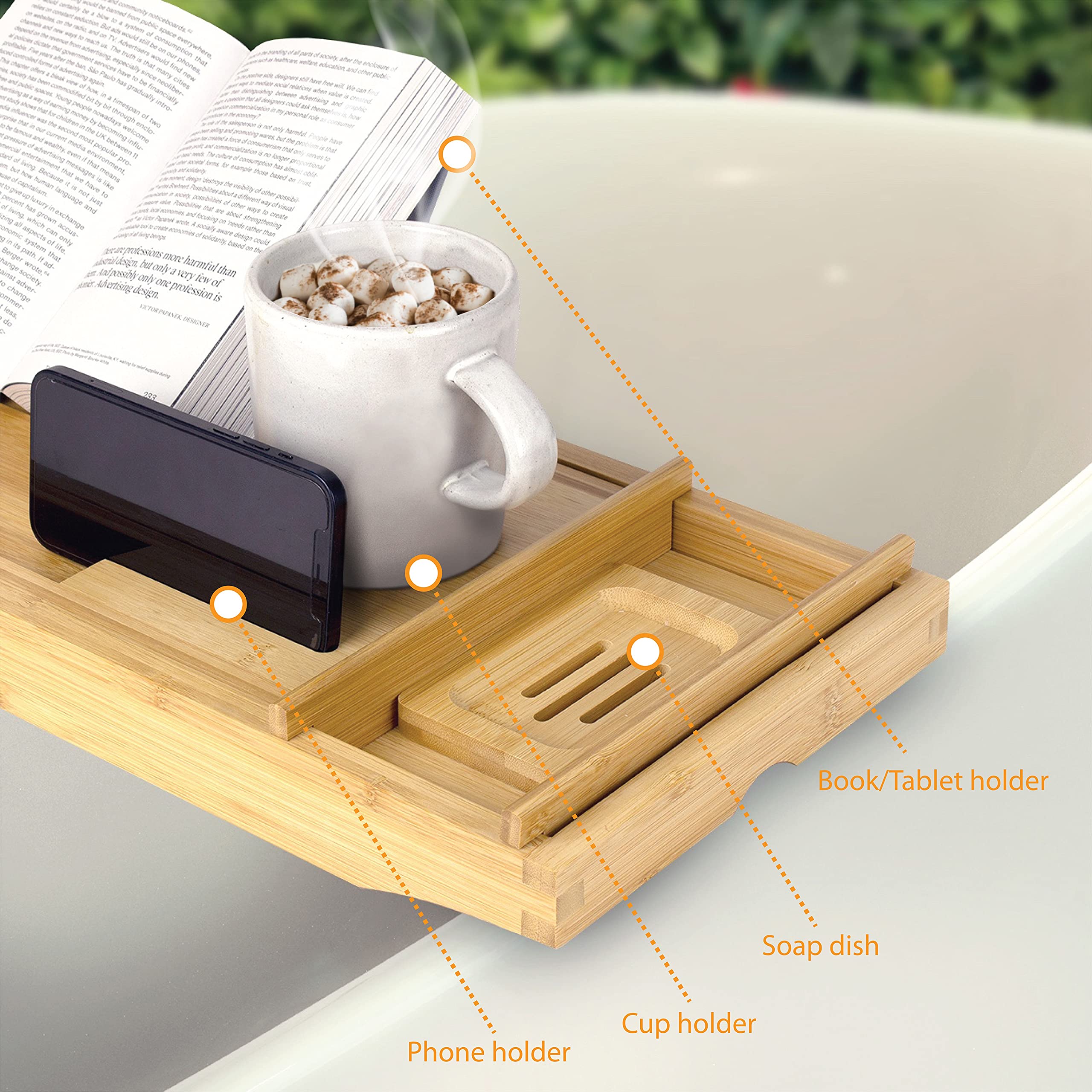 Brookstone Expandable Bamboo Bathtub Caddy Tray with Wine Glass Holder, Tablet Stand, Phone & Book Holder - Fits Tubs Up to 43 Inches - Perfect for Relaxing Baths with Wine, Reading & Entertainment