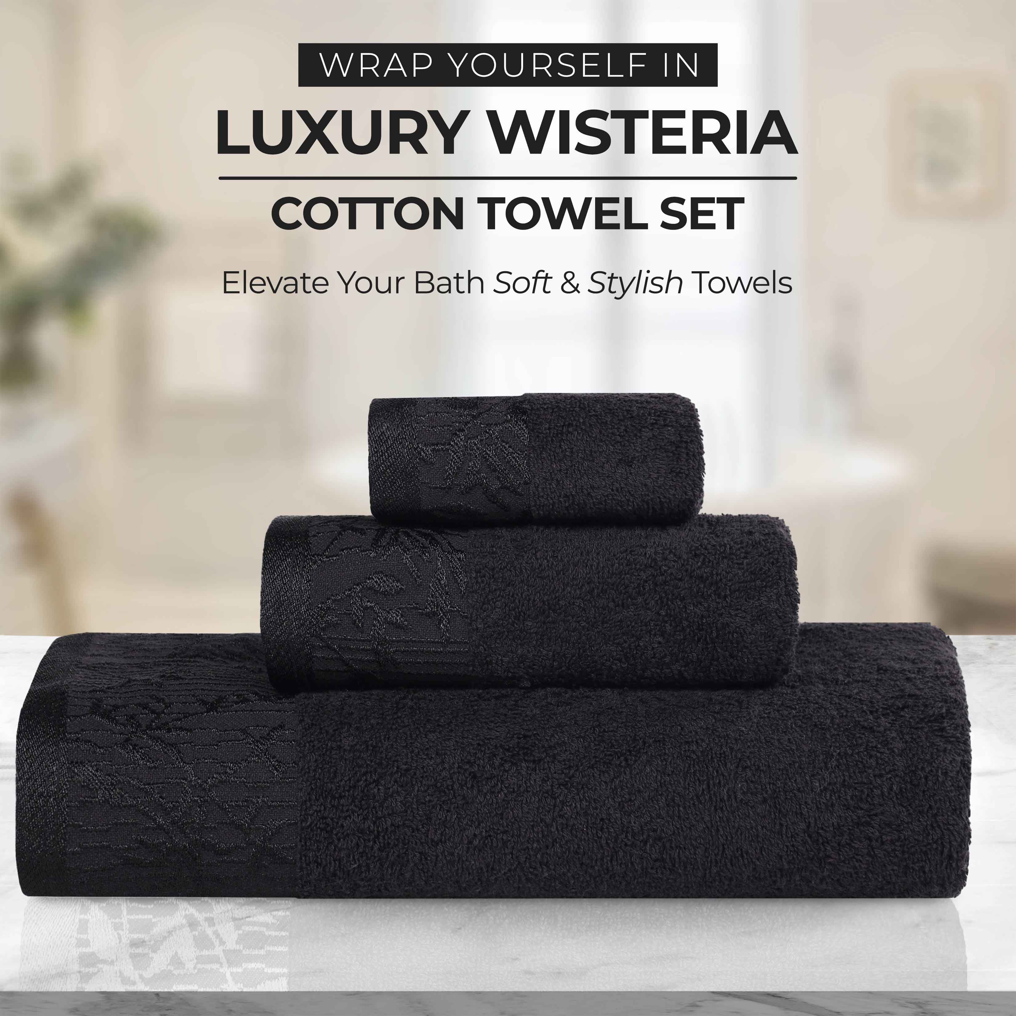 Premium Wisteria Cotton Floral Embroidered Jacquard Border Bath Towel Set of 2 - Soft Absorbent Luxury Towels for Spa, Bathroom & Guest Use