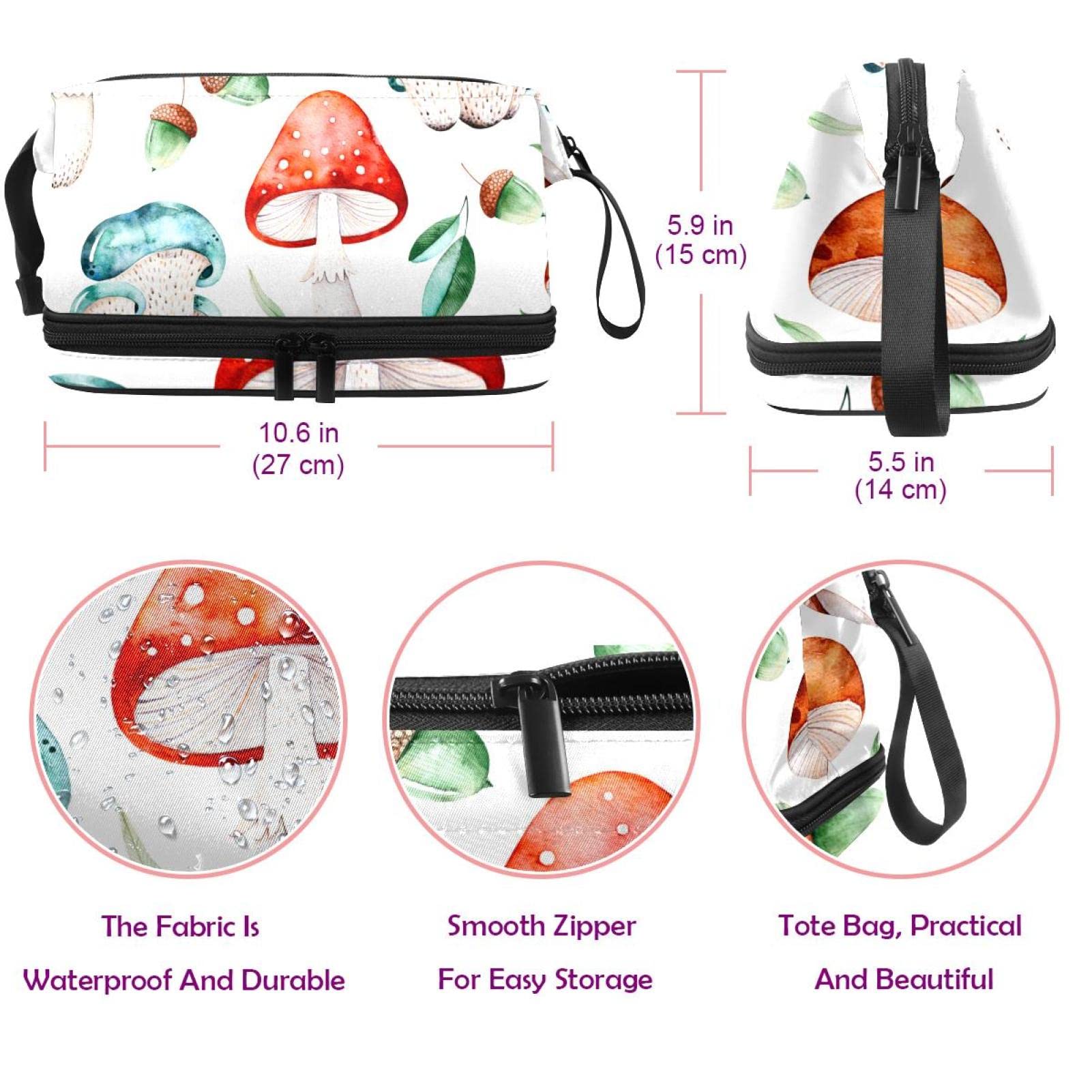 Waterproof Double Layer Watercolor Mushroom Makeup Bag for Women - Large Roomy Cosmetic Travel Organizer with Zipper - Perfect for Toiletries, Brushes & Travel Essentials (Ideal for Vacation, Gym & Daily Use)