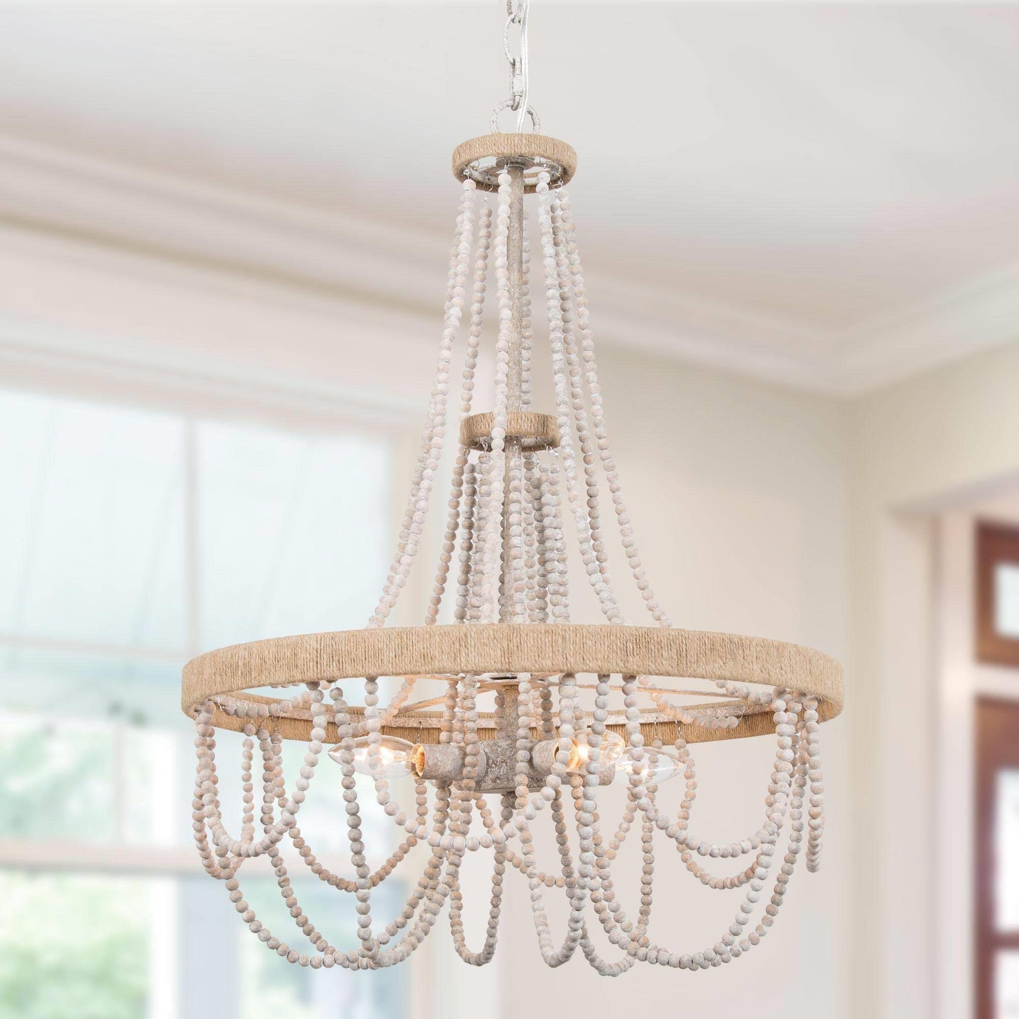 Rustic Farmhouse Wood Beaded Chandelier - 4-Light Boho Ceiling Pendant Light with Natural Hemp Ropes for Dining Room, Living Room & Bedroom Decor | Perfect for Boho, Farmhouse & Coastal Style Homes