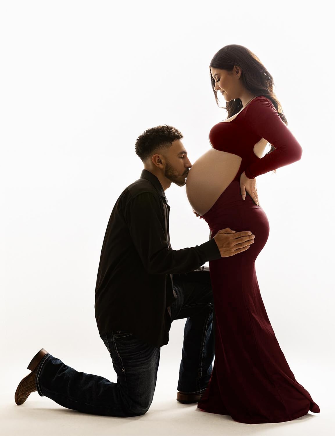 Stylish Cut Out Maternity Dress for Pregnancy Photos - Open Belly Long Sleeve Photography Gown with Square Neck - Perfect for Maternity Photoshoots, Baby Showers & Special Occasions