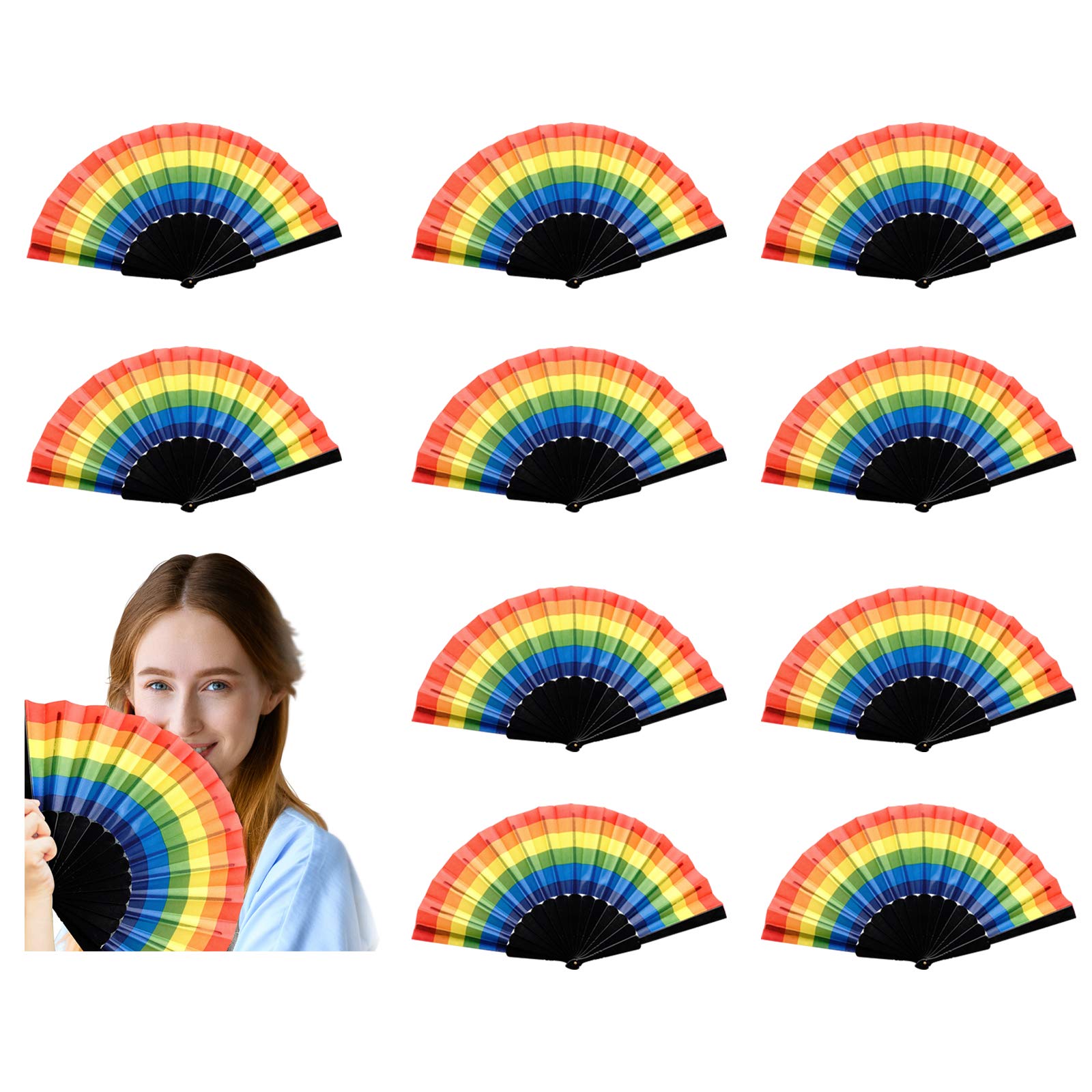 10 Pack Rainbow Pride Folding Hand Fans - Colorful Plastic Handheld Fans for Music Festivals, Dance Performances & LGBTQ+ Events - Perfect for Parades, Parties & Summer Cooling (Black)