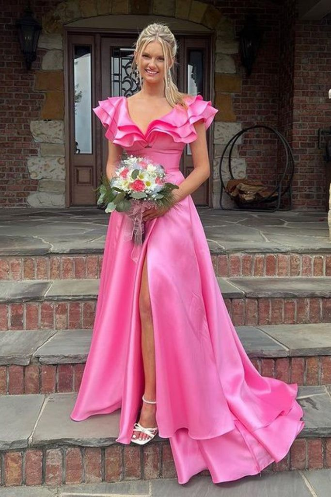 Elegant Pink Satin A-Line Prom Dress with Layered Sleeves & High Slit - Formal Evening Gown for Homecoming, Prom Night, Wedding Guest & Special Occasions