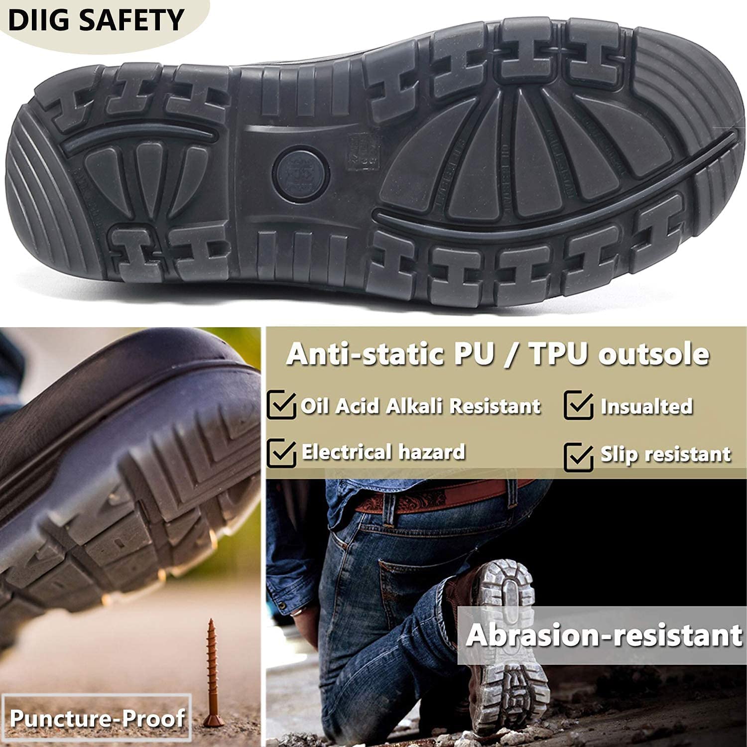 **DIIG Men's Steel Toe & Soft Toe Work Boots - Waterproof, Slip Resistant, Anti-Static Safety Shoes for Construction, Warehouse & Outdoor Work**
