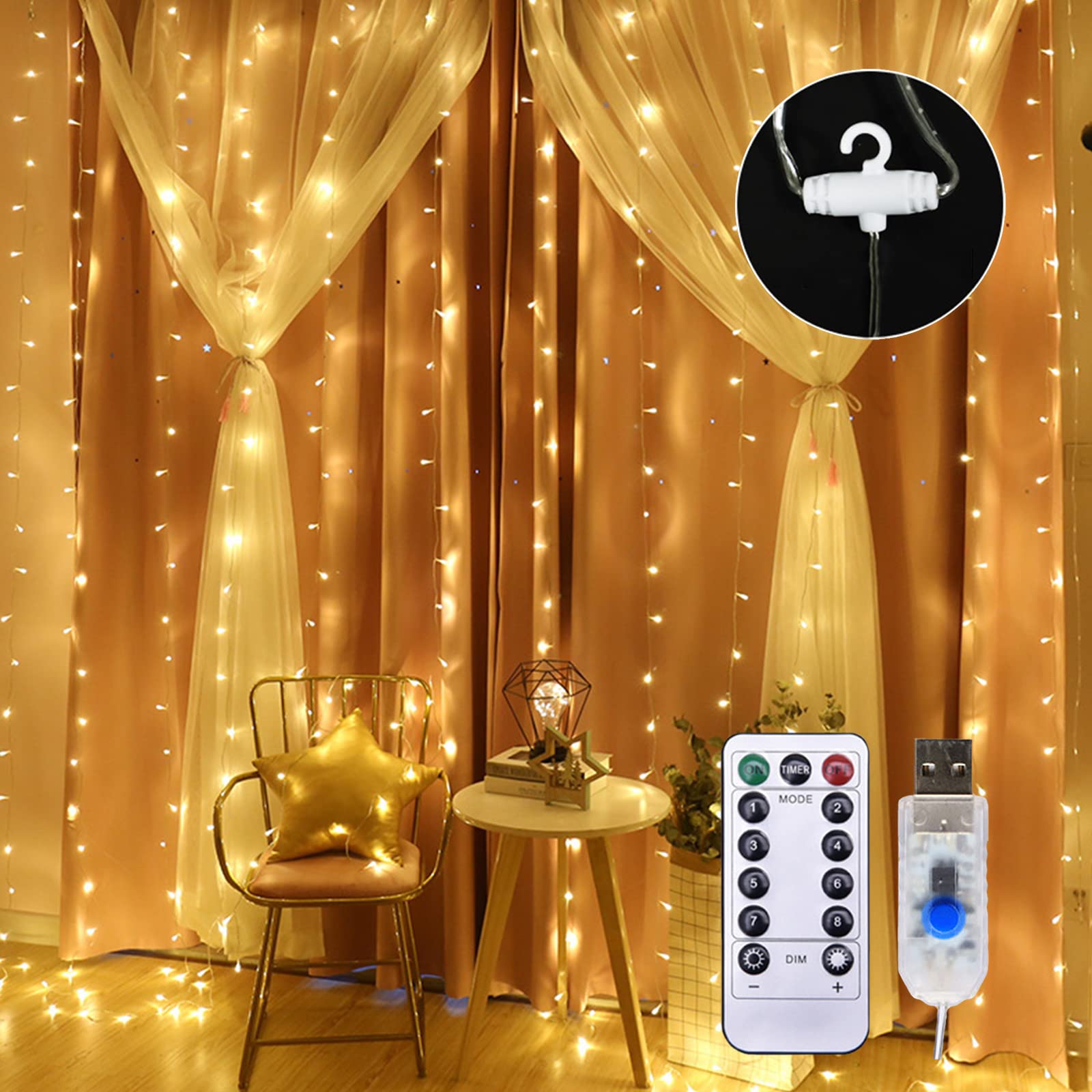 300LEDs 10x10FT Fairy String Lights with Remote Control - 8 Lighting Modes, Waterfall Curtain Lights for Christmas, Wedding, Party & Home Decoration - Indoor/Outdoor Copper Wire Hanging Lights for Bedroom, Garden, Patio