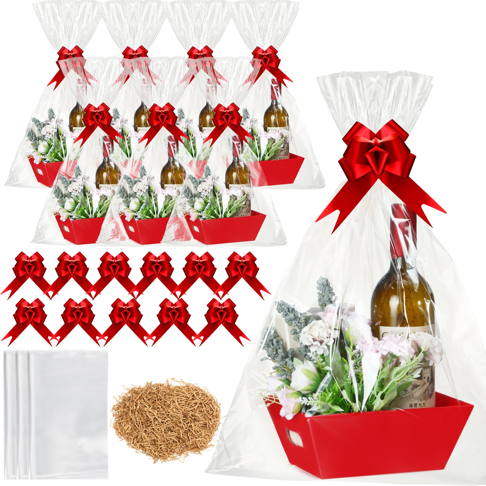 Fulmoon 20-Piece Valentine's Day Gift Basket Kit - Empty Kraft Baskets with 20 Red Pull Bows, 20 Clear Gift Bags & Raffia - Perfect for DIY Gift Filling, Birthday, Wedding & Easter Party Supplies | Great for Home Decor, Party Favors & Holiday Gift Giving