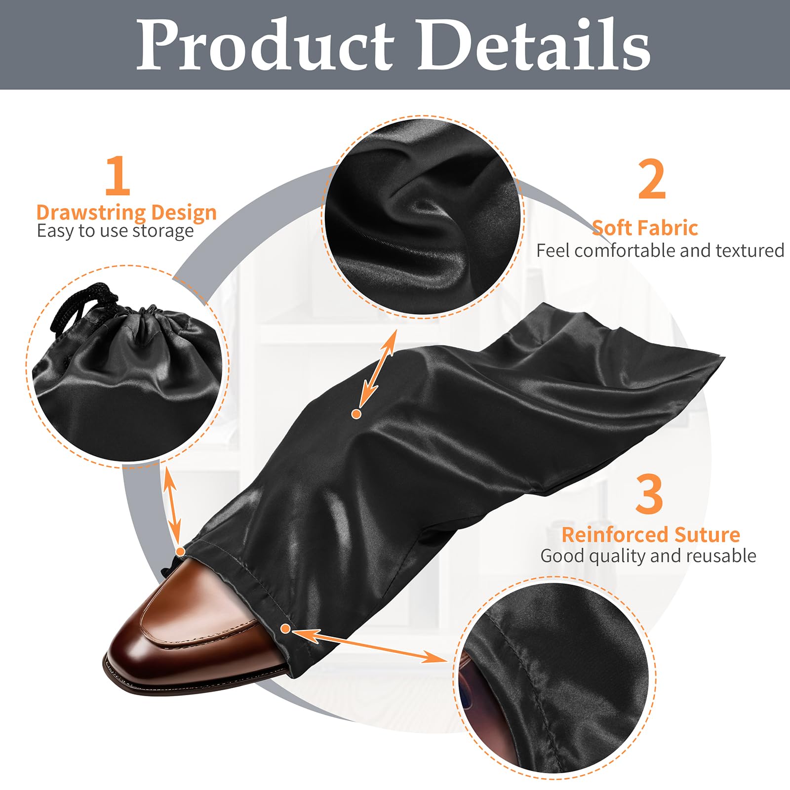 Ersmak 6 Pack Black Satin Shoe Bags with Drawstring for Travel - 17.7 x 7.9 Inch Shoe Storage Protectors - Perfect for Organizing Shoes in Suitcases, Gym Bags & Closet Storage