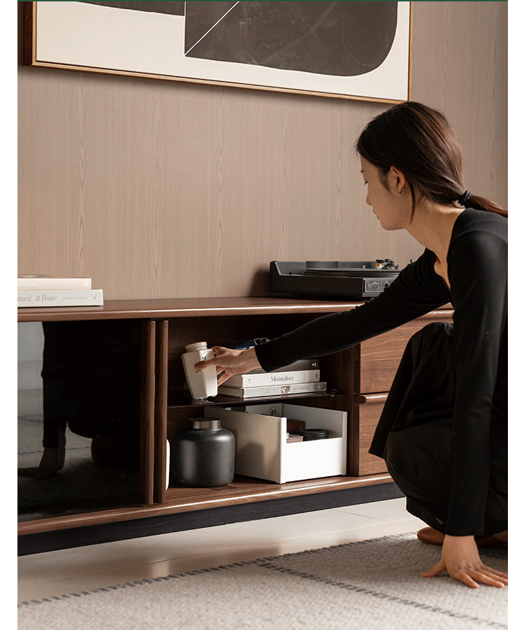 Premium Black Walnut Solid Wood TV Stand - Italian Modern Luxury Design for Living Room & Home Theater Setup