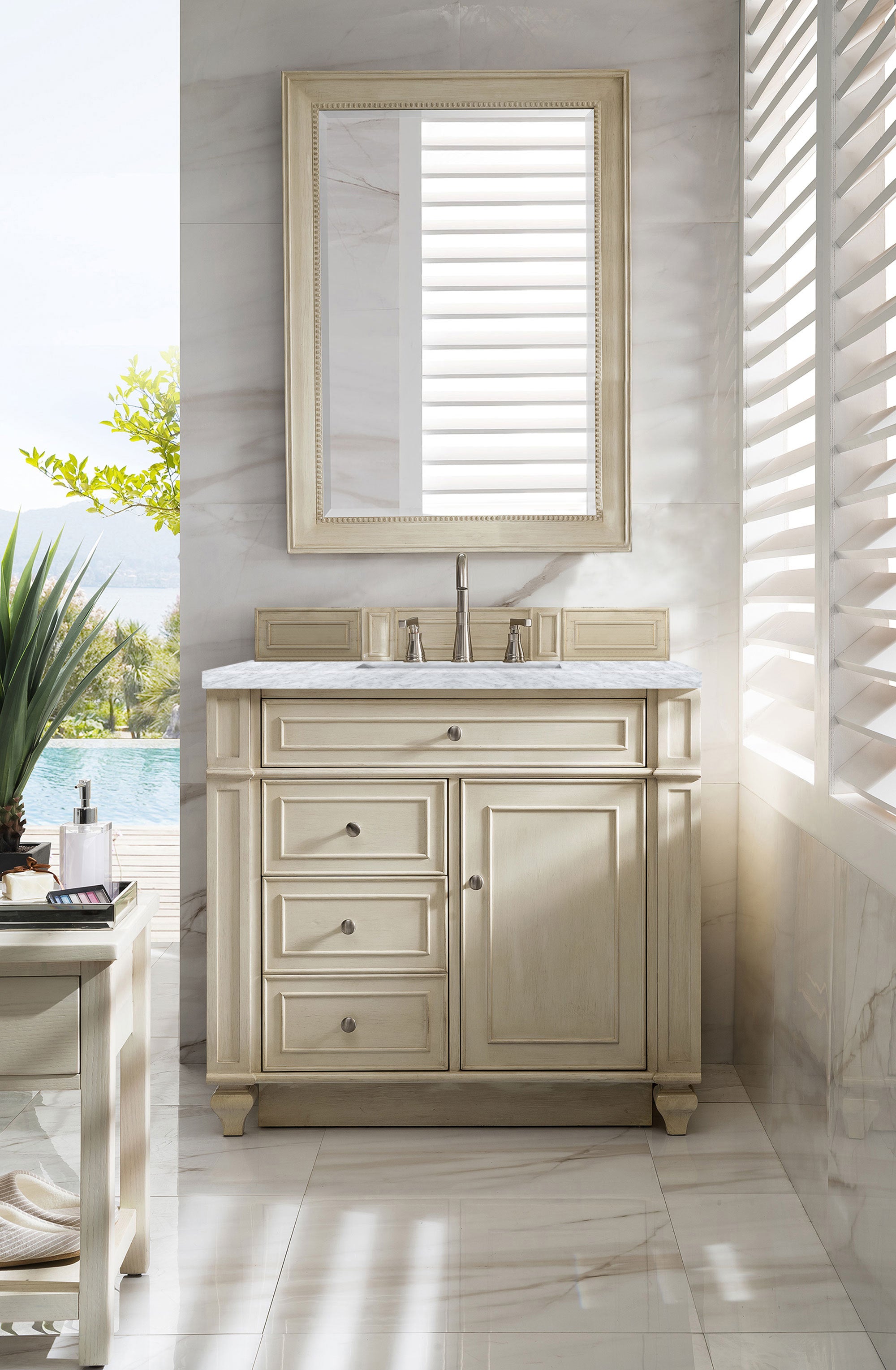 Bristol 36 Inch Single Bathroom Vanity with 3CM Carrara Marble Top in Vintage Vanilla - Perfect for Small Bathrooms, Powder Rooms & Modern Home Decor