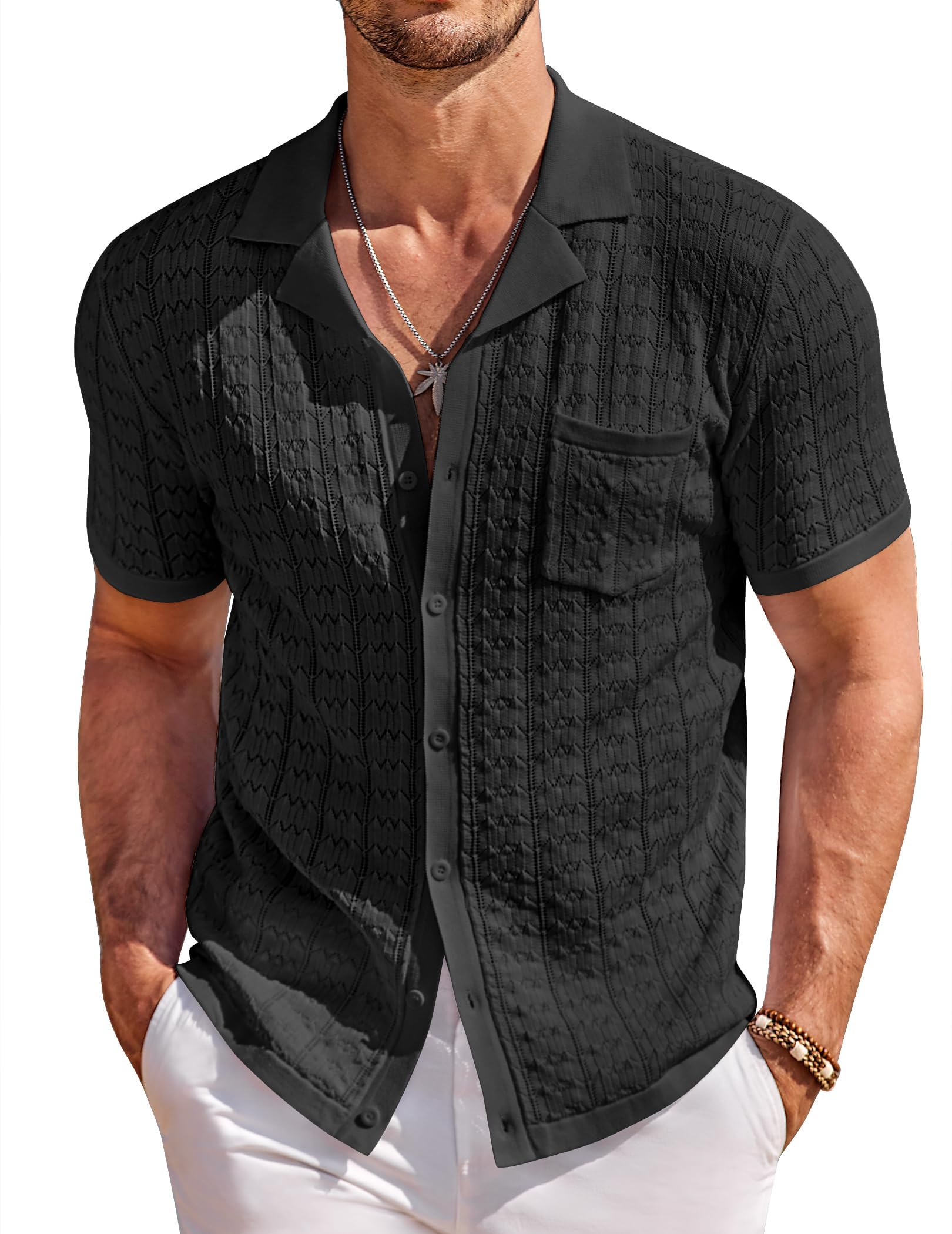 COOFANDY Men's Vintage Knit Button Down Short Sleeve Polo Shirt - Summer Casual Beach Top for Outdoor Activities & Travel