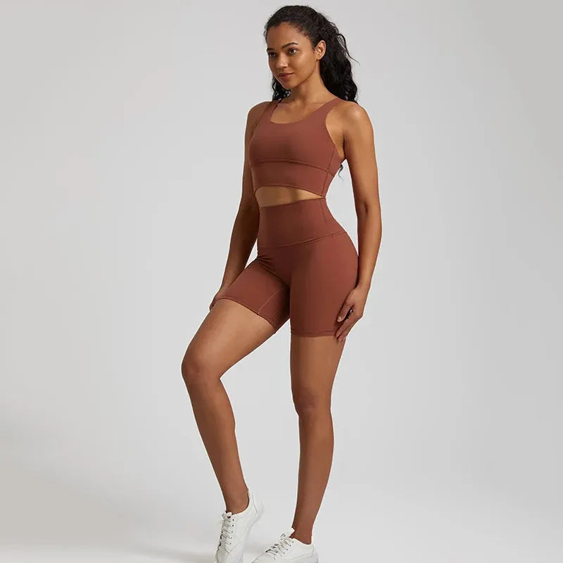 Buttery Soft 2-Piece Nylon Yoga Shorts Set for Women - High Waist Workout Clothes & Push Up Sports Bra - Perfect for Gym, Yoga & Running