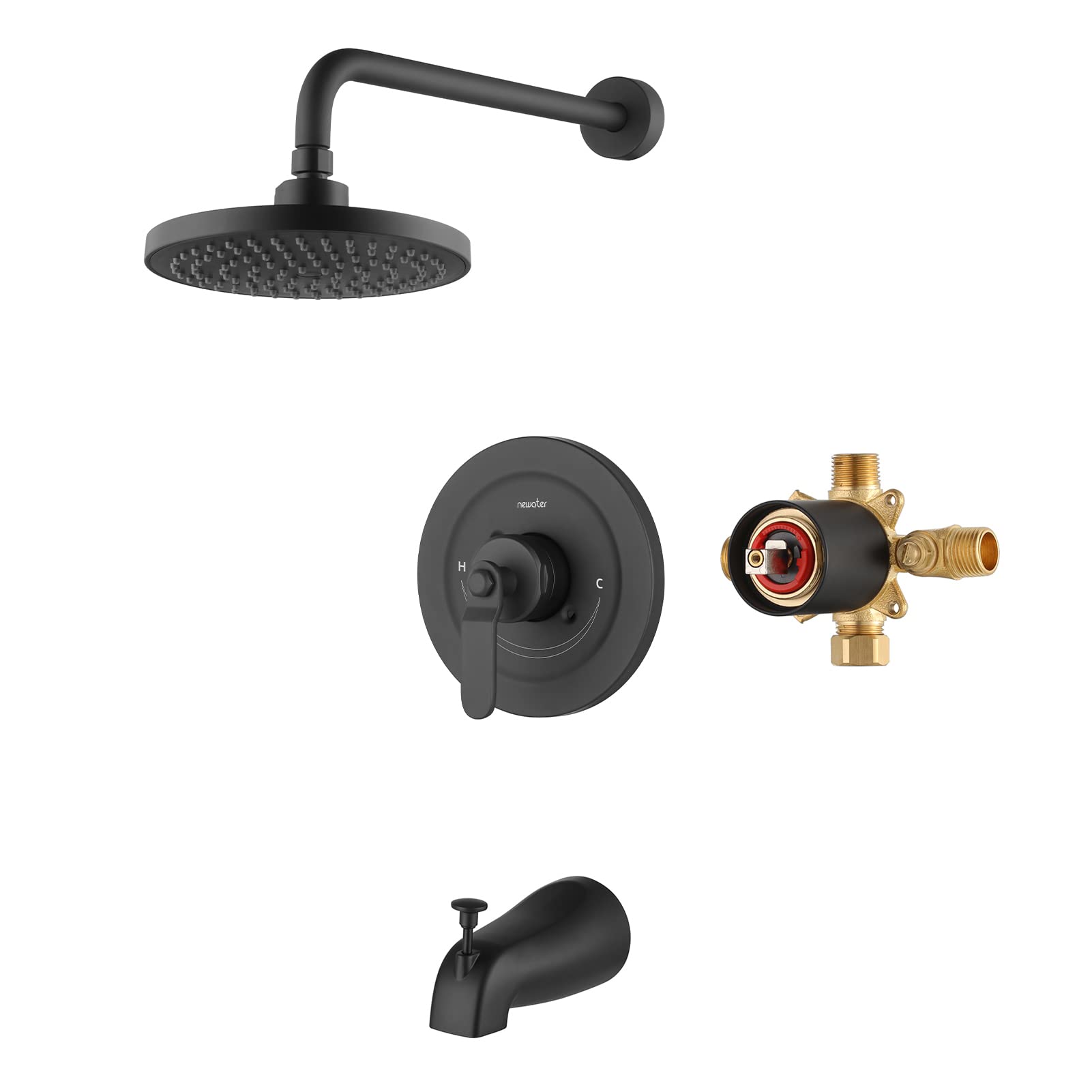 NEWATER Black Dual Function Shower Faucet Set with Tub Spout - Complete Shower Trim Kit (Includes Valve, 8 Inch Rainfall Shower Head) - Wall Mounted Mixer Shower System for Bathroom & Tub - Perfect for Modern Home Renovation & Spa-Like Shower Experience