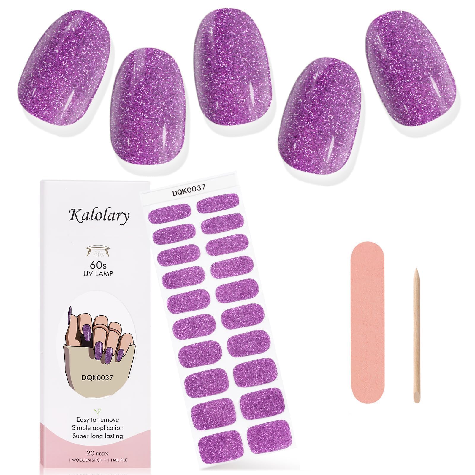 Kalolary Purple Glitter Gel Nail Polish Strips - DIY Summer Nail Art Kit with Waterproof Full Nail Wraps, Cuticle Stick & Nail File - Perfect for Manicures, Parties, Weddings & Special Occasions