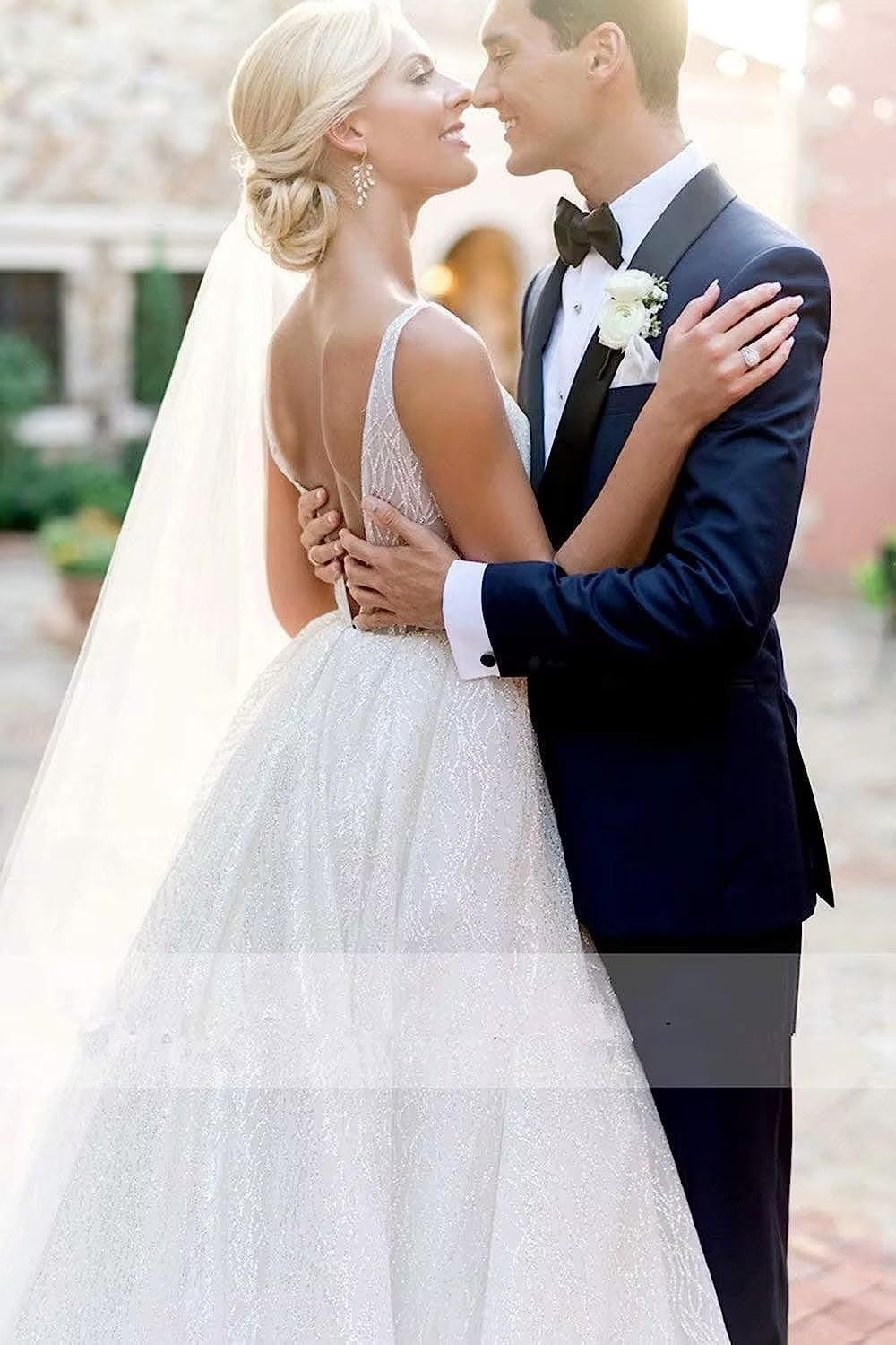 Elegant V-Neck Sparkly Wedding Dress for Bride – Glitter Beach Bridal Gown for Women | Perfect for Beach Weddings, Outdoor Ceremonies & Romantic Parties