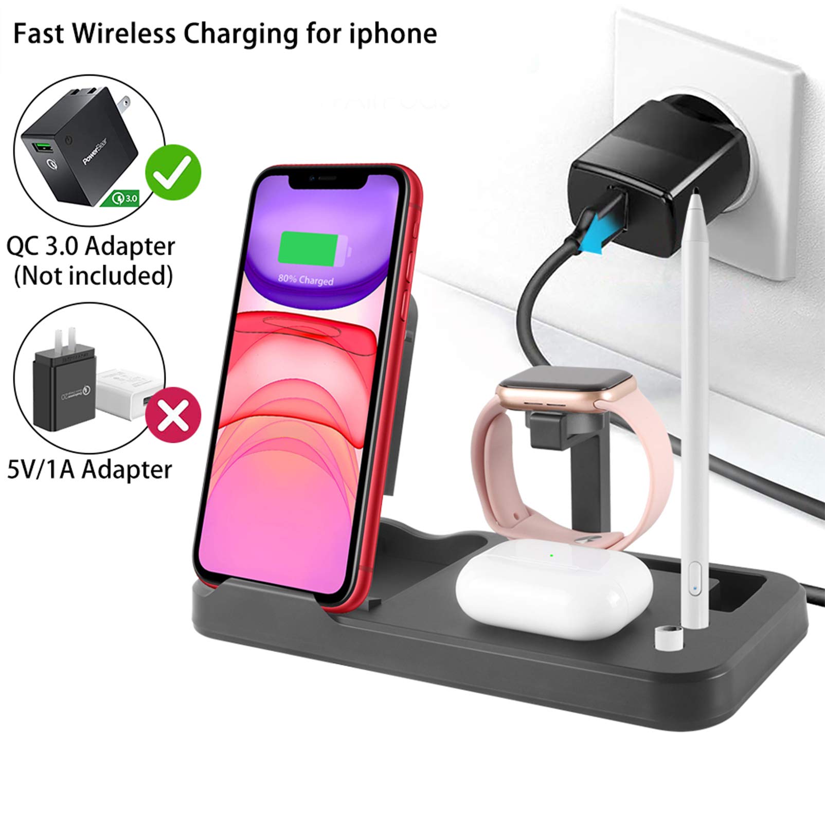 3-in-1 Fast Wireless Charging Station for iPhone 15/14/13/12, Samsung S23/S22/S21, AirPods Pro - Foldable Adjustable Stand with LED Indicator for Home, Office & Travel